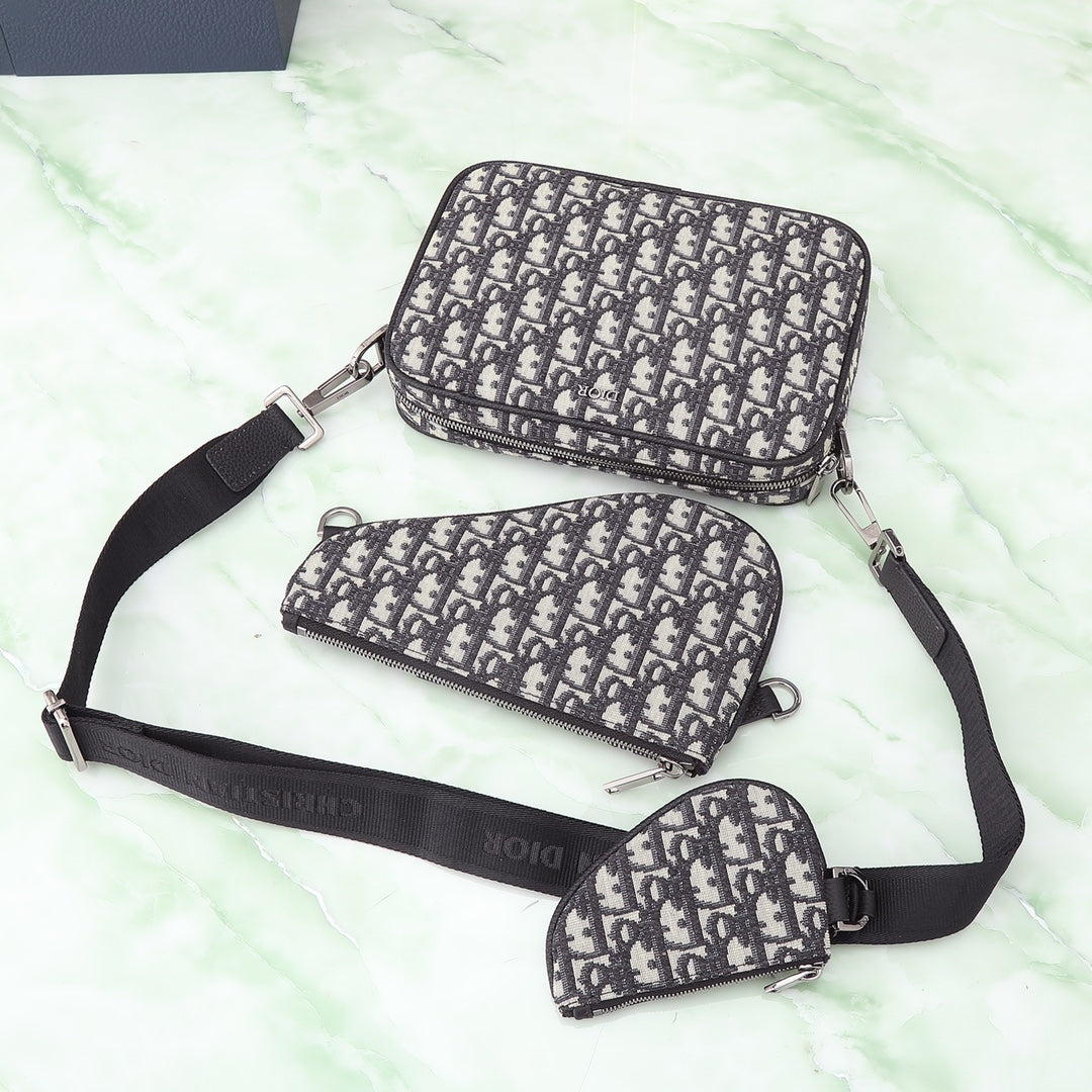 Christian Dior Oblique Jacquard Messenger Bag - Black and Beige Crossbody with Detachable Pouch