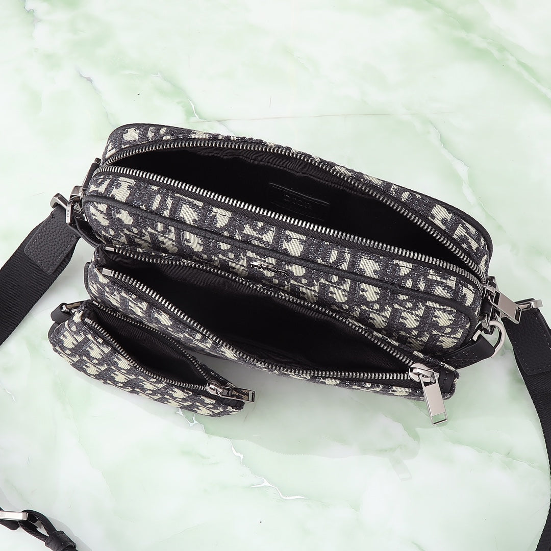 Christian Dior Oblique Jacquard Messenger Bag - Black and Beige Crossbody with Detachable Pouch