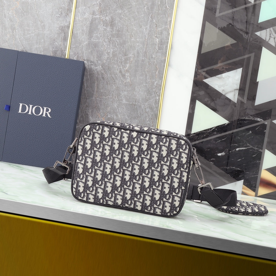 Christian Dior Oblique Jacquard Messenger Bag - Black and Beige Crossbody with Detachable Pouch