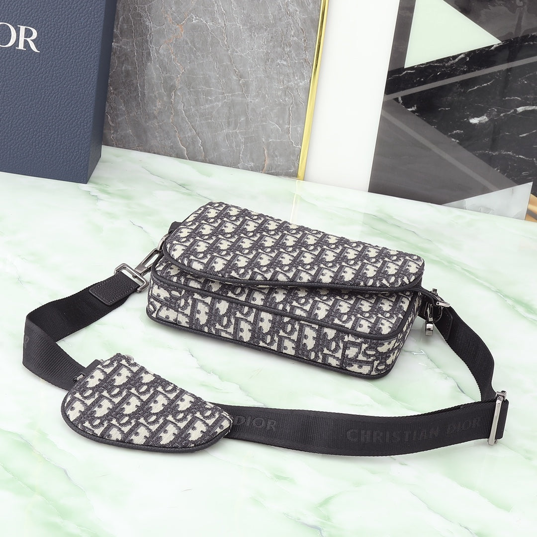 Christian Dior Oblique Jacquard Messenger Bag - Black and Beige Crossbody with Detachable Pouch