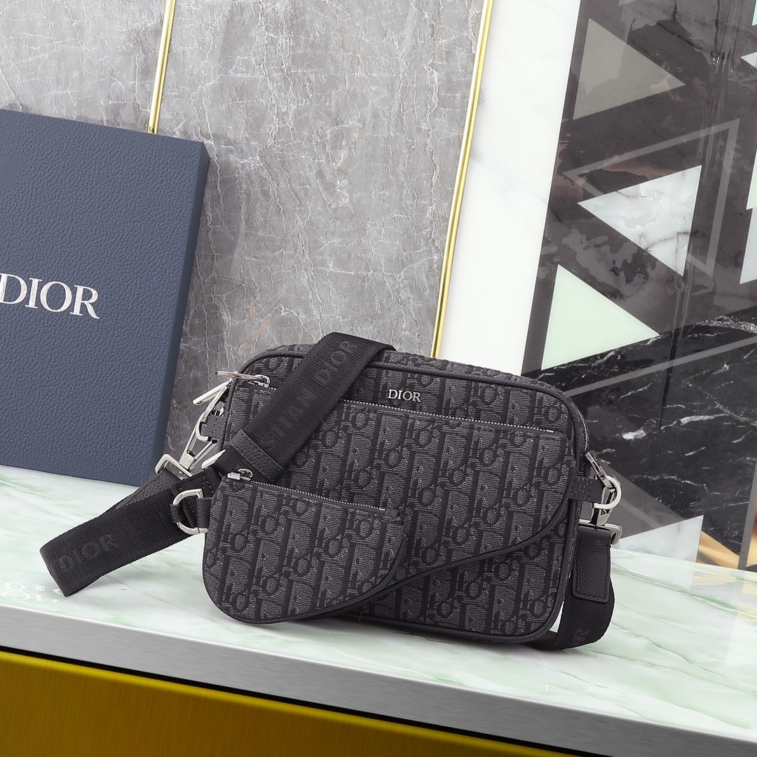Dior Men's Safari Messenger Bag with Saddle Pouch - Black Dior Oblique Jacquard