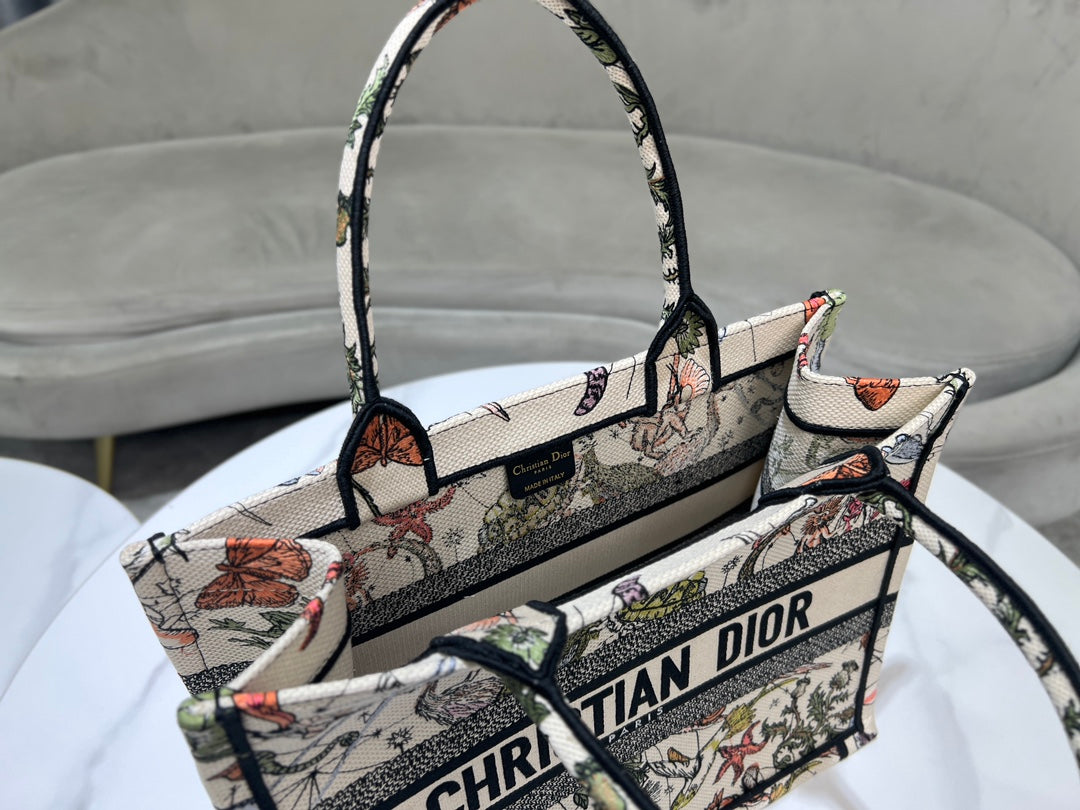 Dior Vintage Botanical and Animal Print Canvas Tote Bag with Top Handles