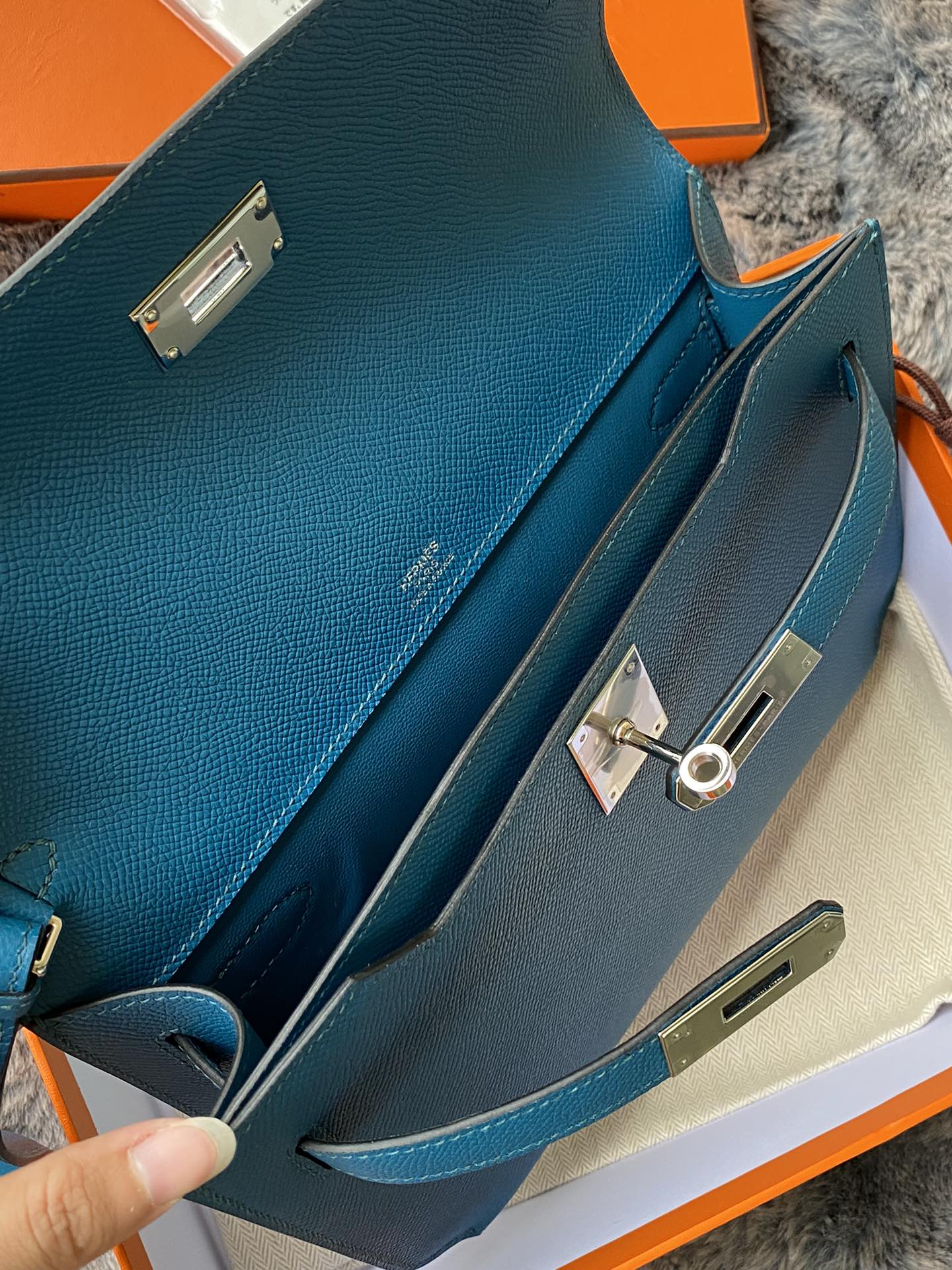 Hermès Kelly Depeche Pouch Blue Leather Clutch with Gold Hardware