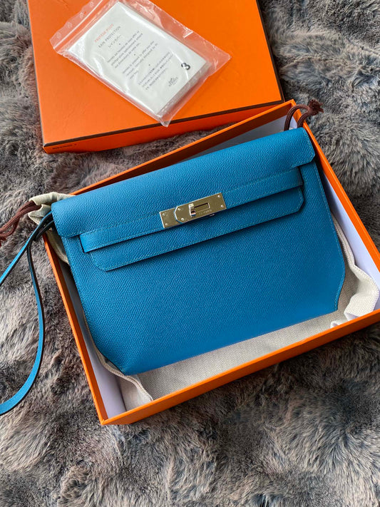 Hermès Kelly Depeche Pouch Blue Leather Clutch with Gold Hardware