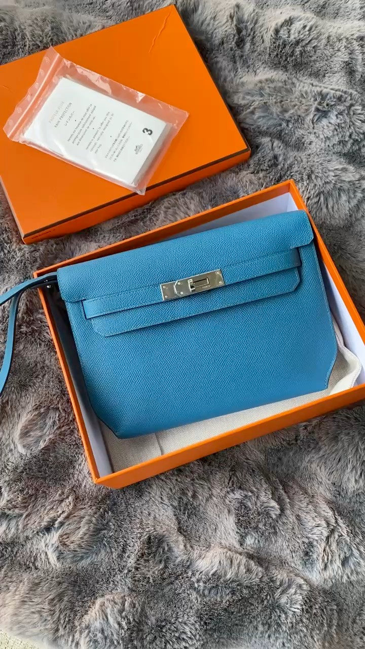 Luxury Blue Leather Wristlet Pouch - Elegant Kelly Style Handbag with Gold Hardware and Signature Orange Box