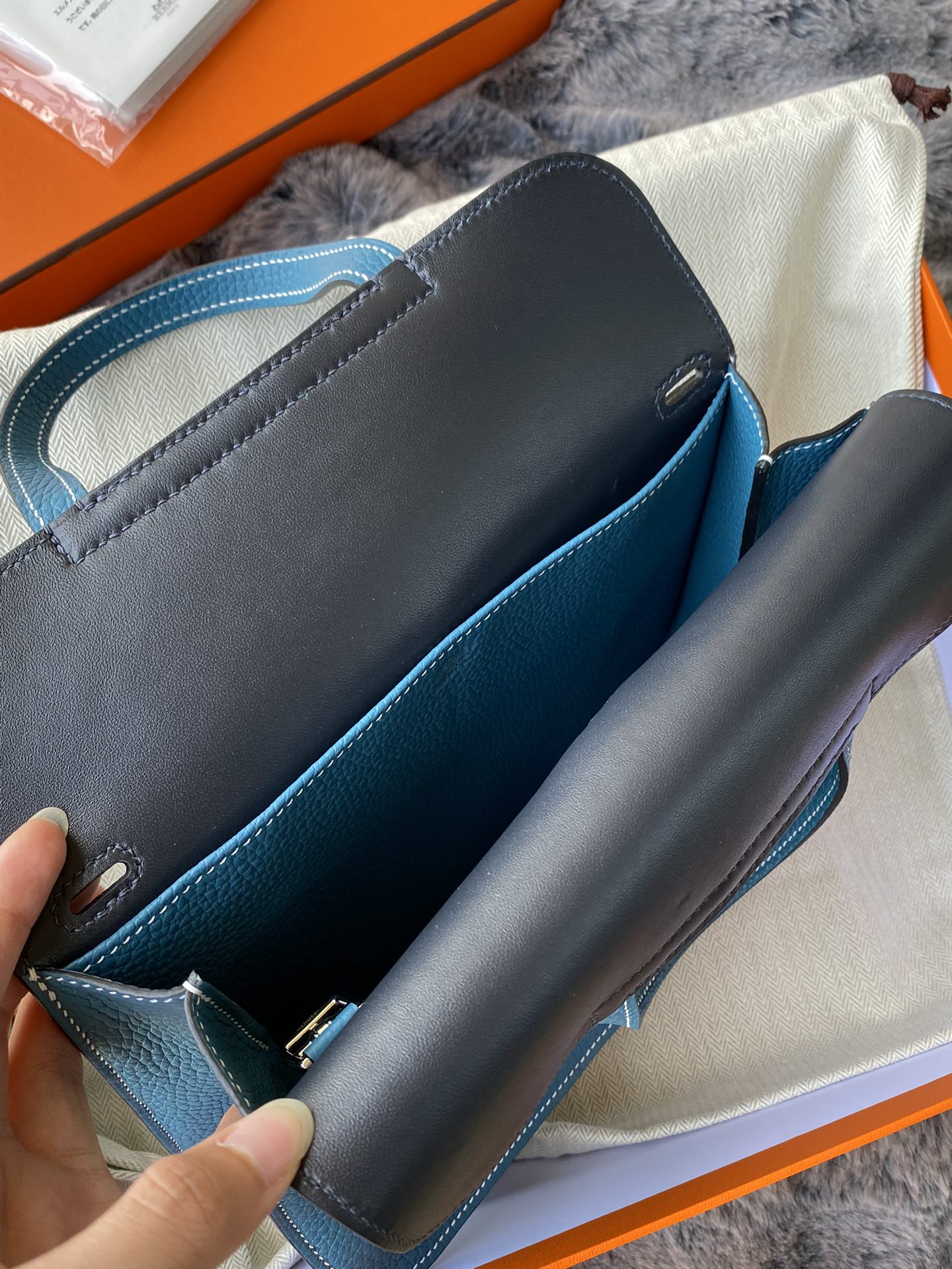 Hermès Blue Grained Leather Handbag with Palladium Buckle Detail