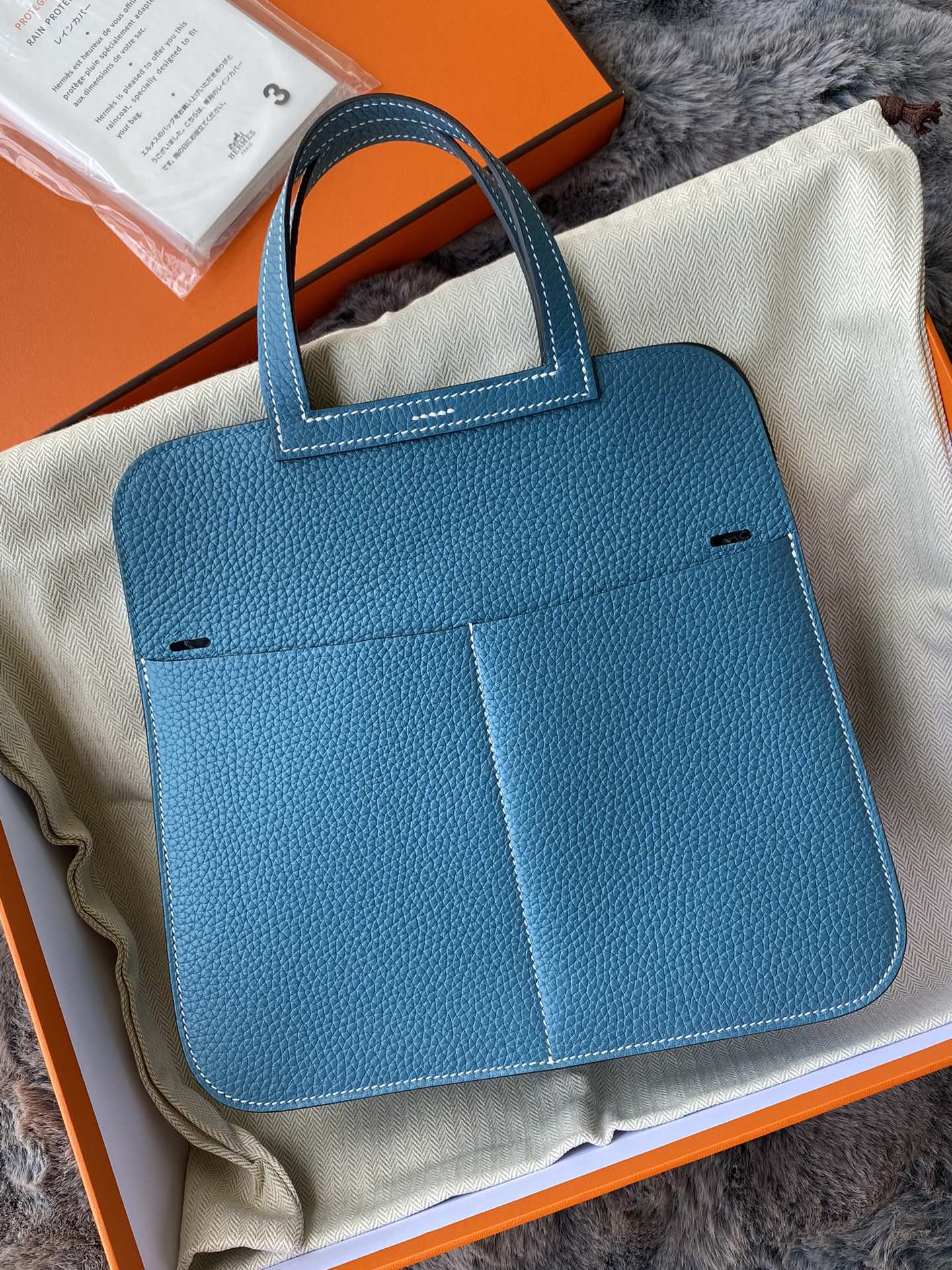 Hermès Blue Grained Leather Handbag with Palladium Buckle Detail