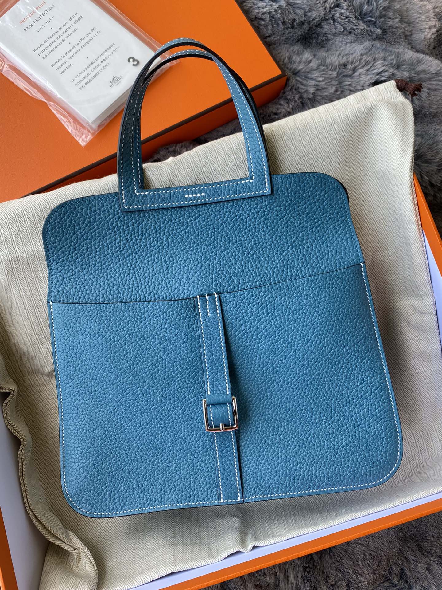 Hermès Blue Grained Leather Handbag with Palladium Buckle Detail