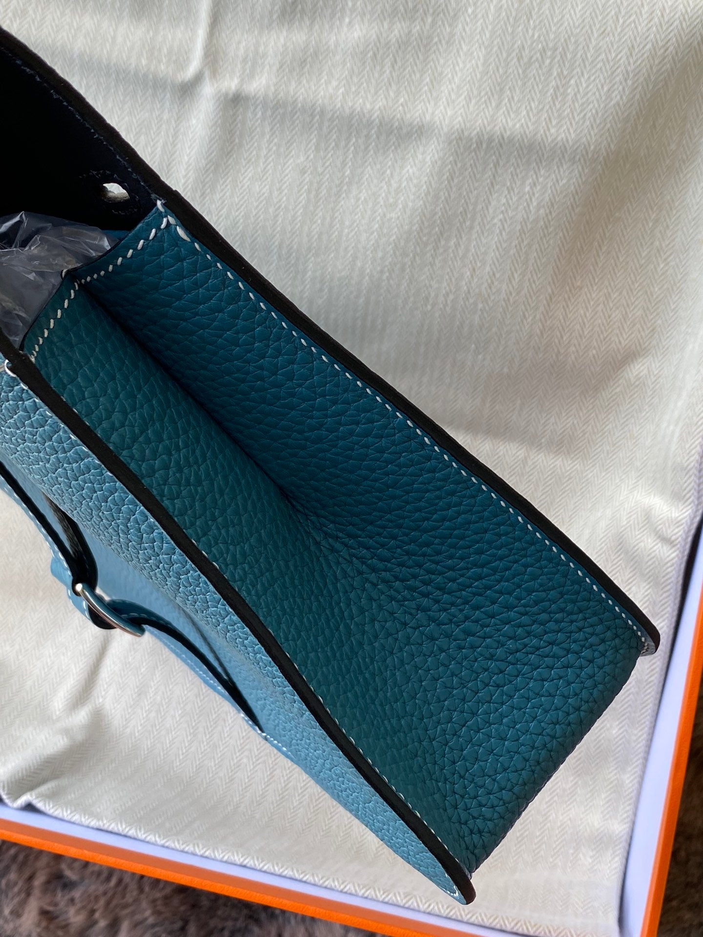 Hermès Blue Grained Leather Handbag with Palladium Buckle Detail