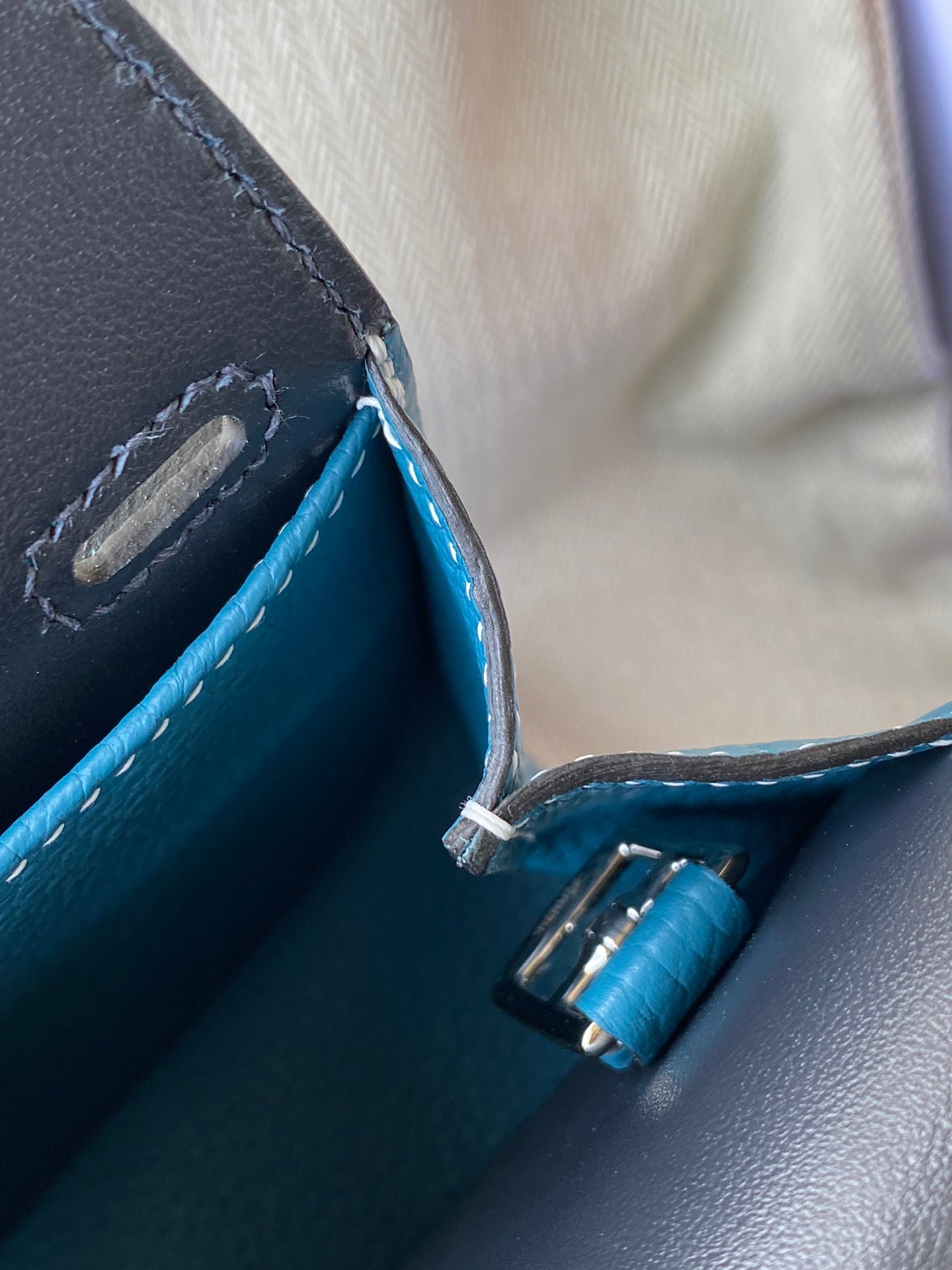 Hermès Blue Leather Halzan Style Handbag with Charm in Signature Box