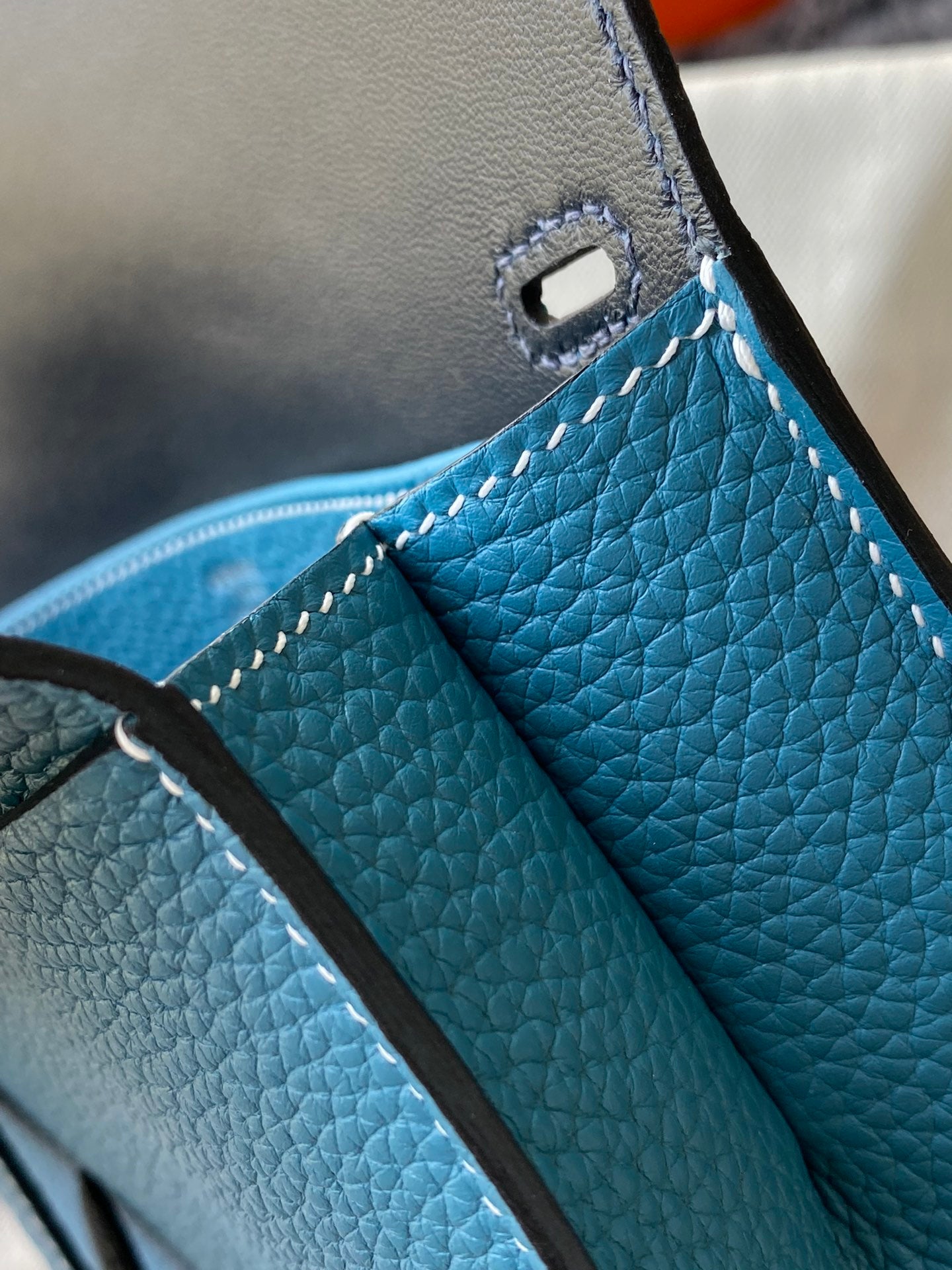 Hermès Blue Leather Halzan Style Handbag with Charm in Signature Box