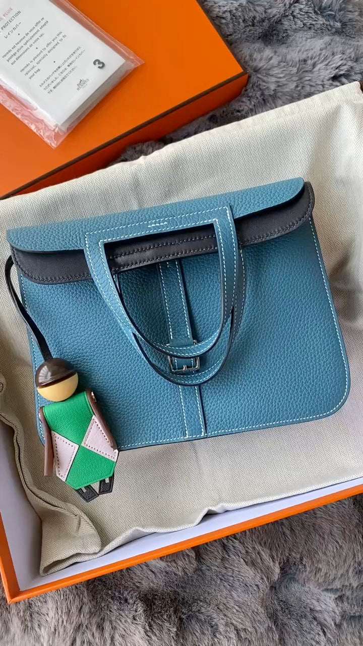 Hermès Halzan Blue Leather Handbag with Bag Charm and Original Packaging
