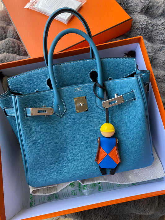 Hermès Birkin 25 Blue Leather Handbag with Palladium Hardware and Bag Charm