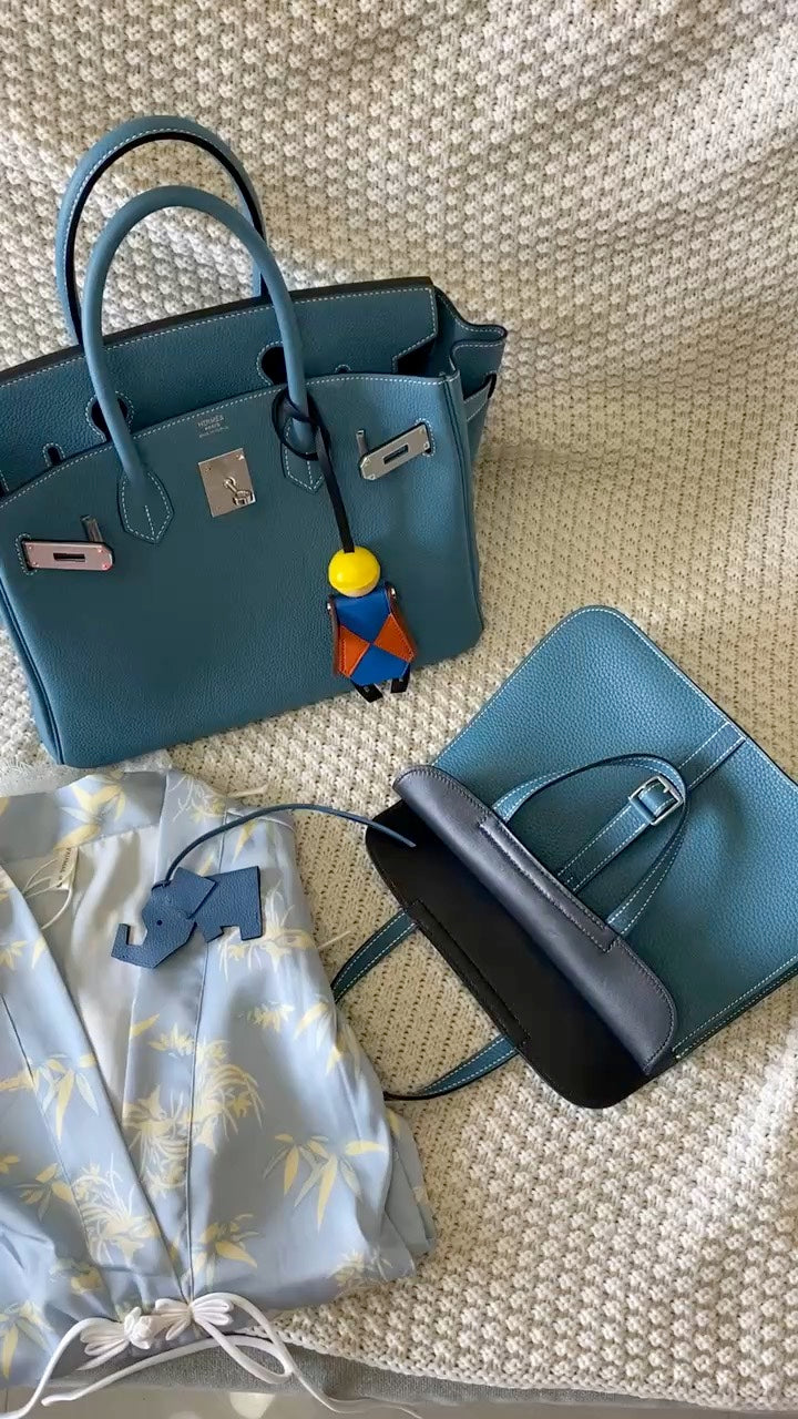 Light Blue Textured Leather Handbag Set - Satchel and Bucket Bag with Charms
