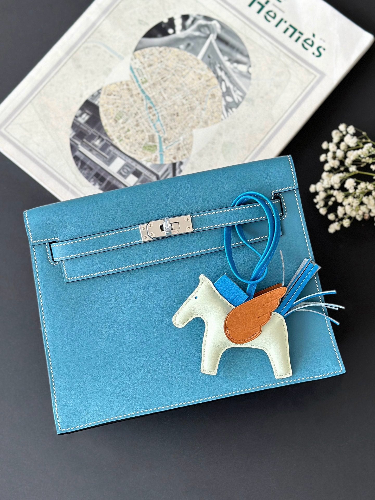 Luxury Blue Leather Top-Handle Handbag with Gold-Tone Hardware