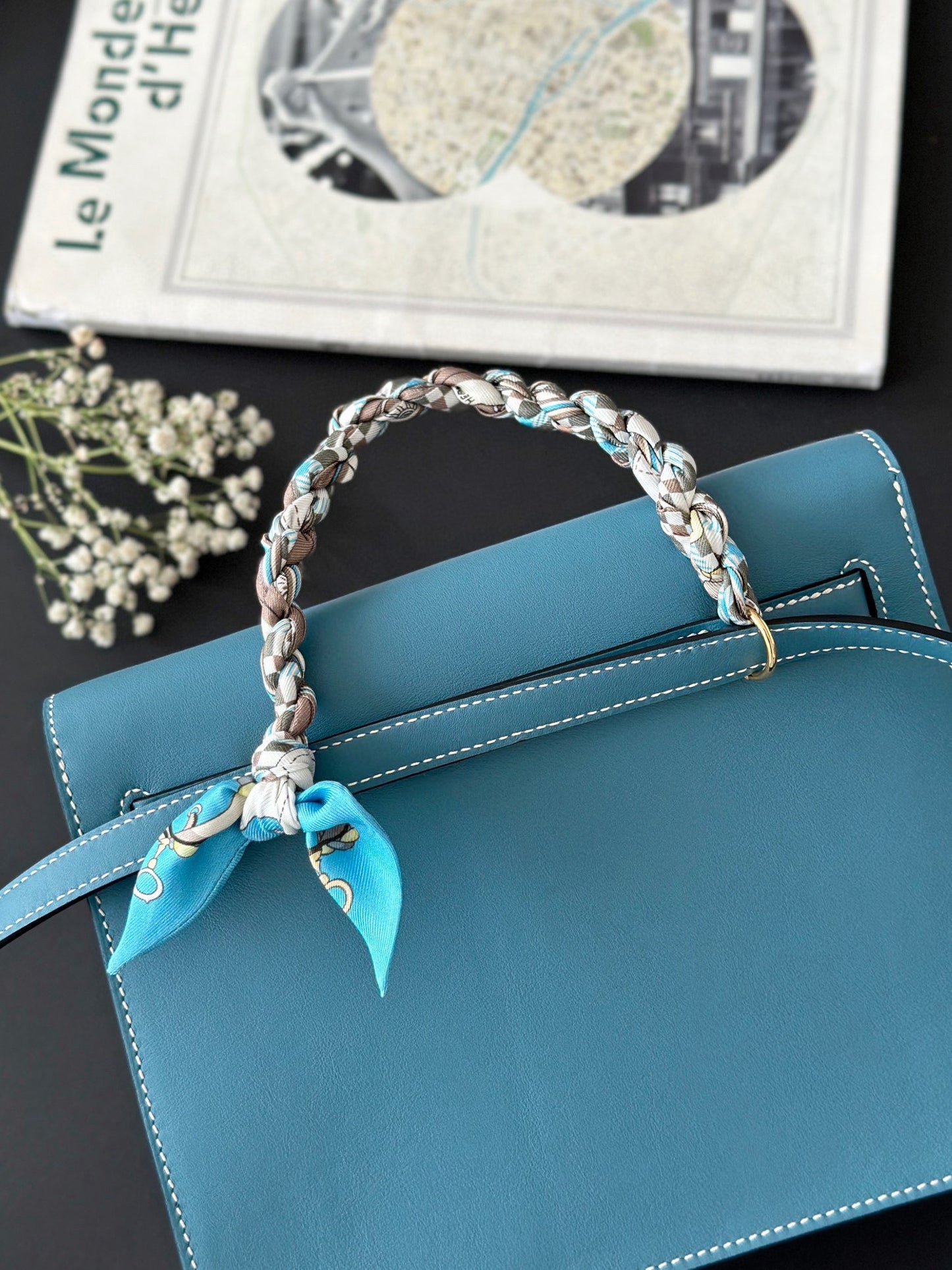 Luxury Blue Leather Top-Handle Handbag with Gold-Tone Hardware