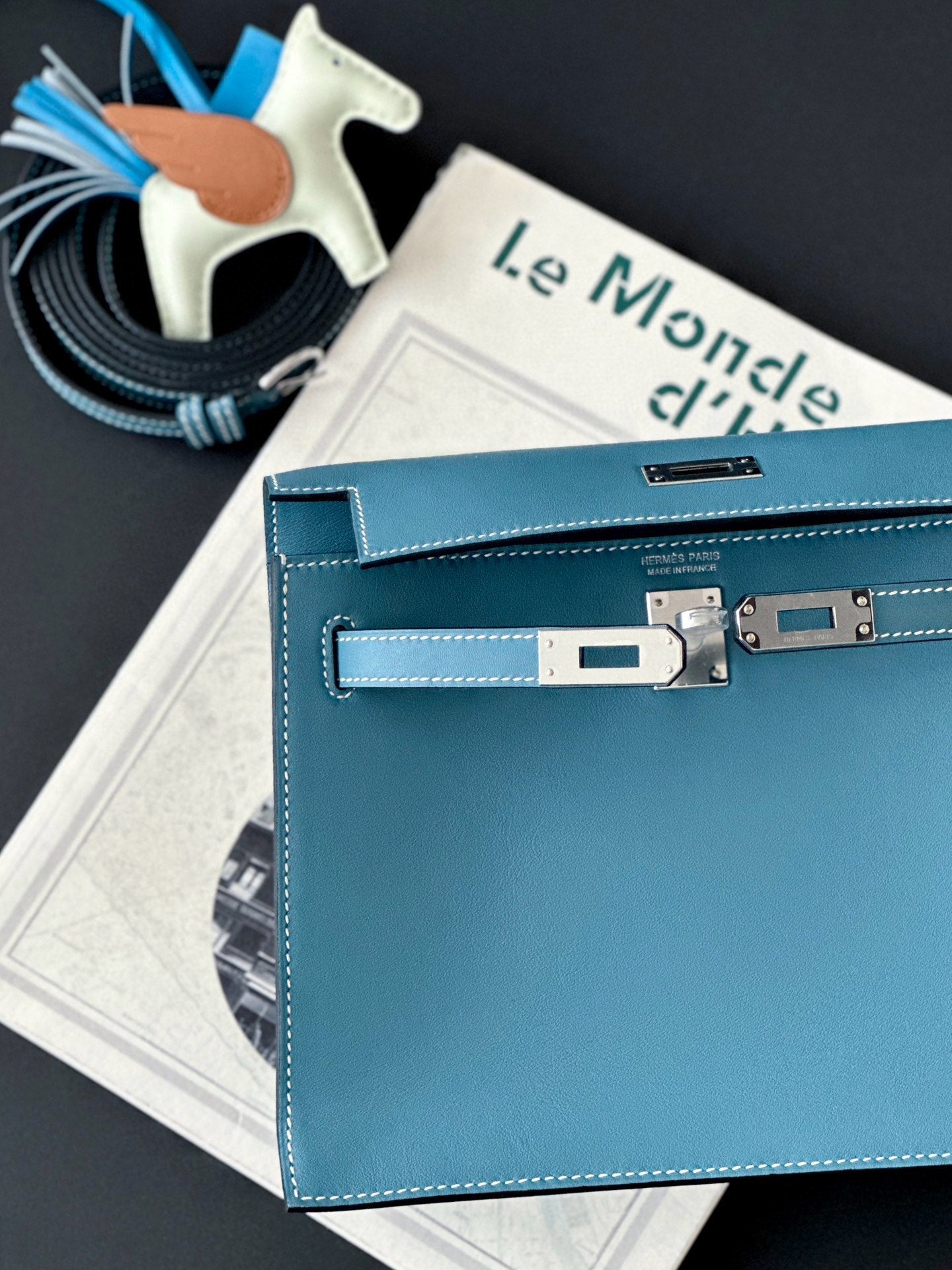 Luxury Blue Leather Top-Handle Handbag with Gold-Tone Hardware