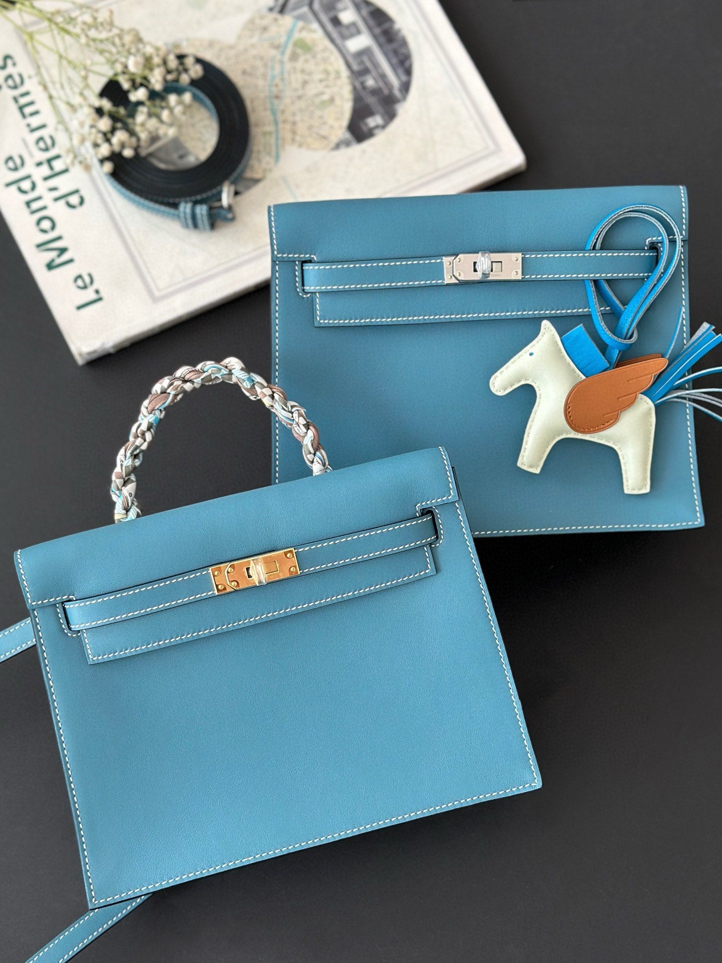 Luxury Blue Leather Top-Handle Handbag with Gold-Tone Hardware