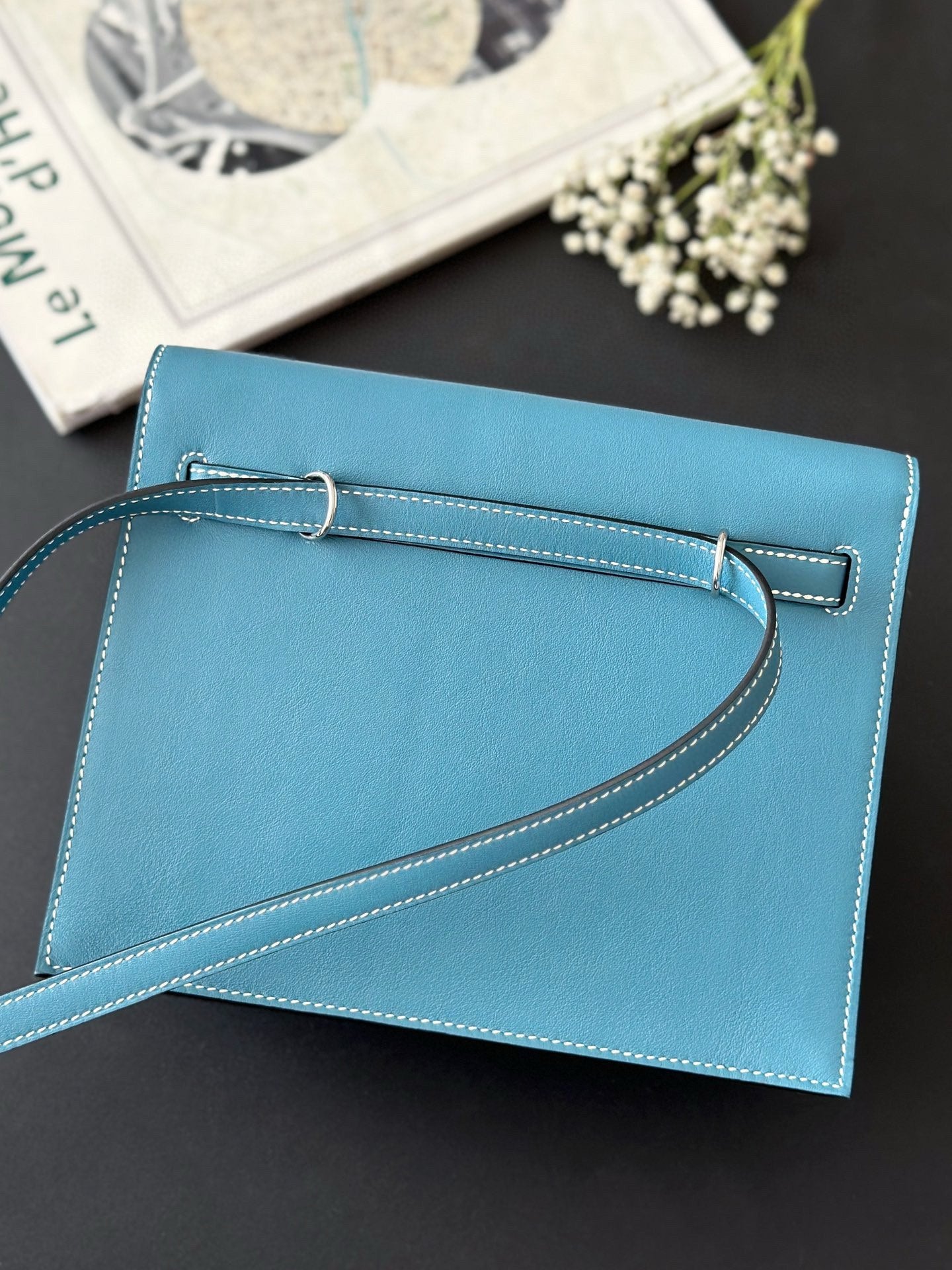 Luxury Blue Leather Top-Handle Handbag with Gold-Tone Hardware