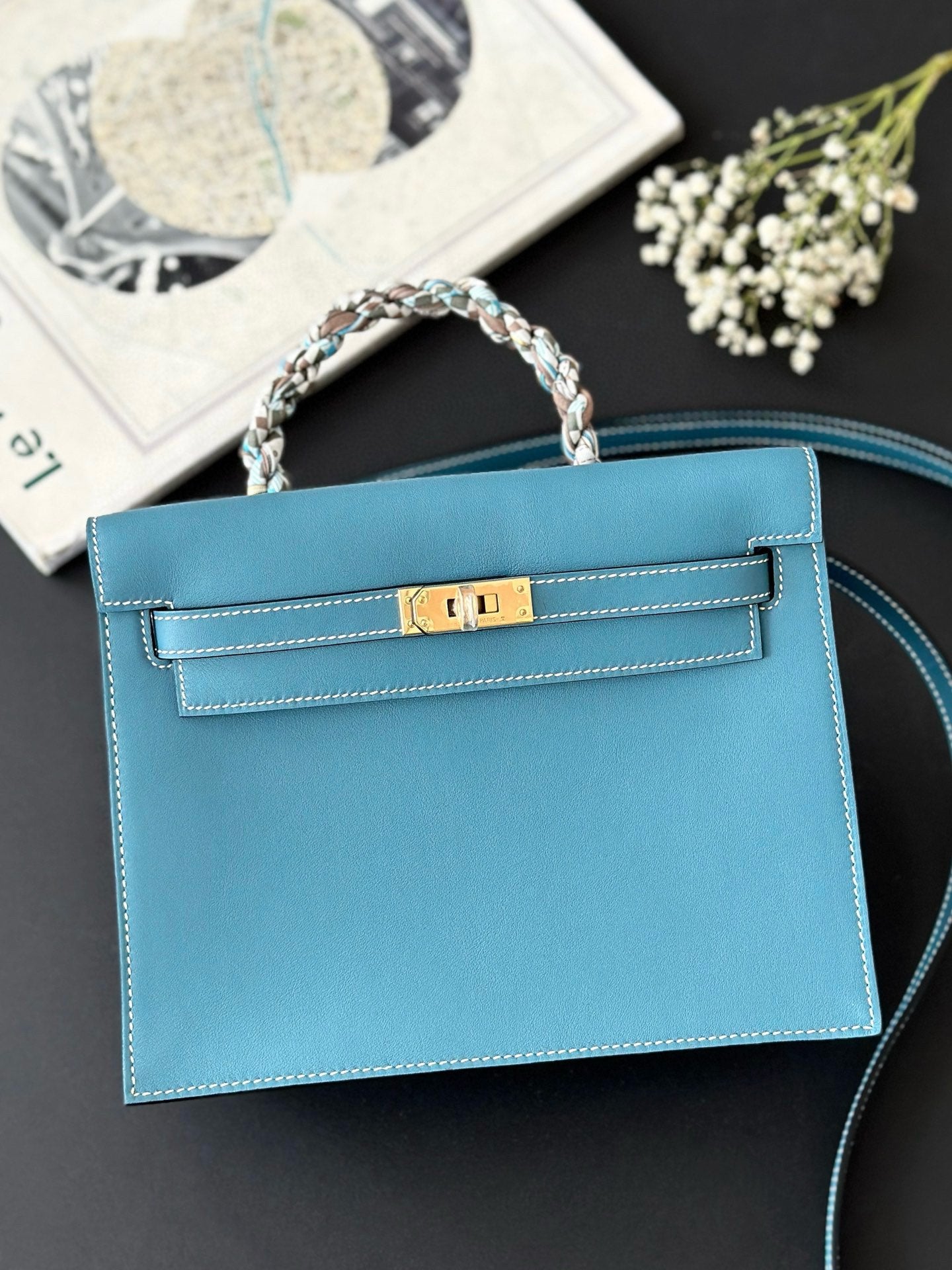 Luxury Blue Leather Top-Handle Handbag with Gold-Tone Hardware