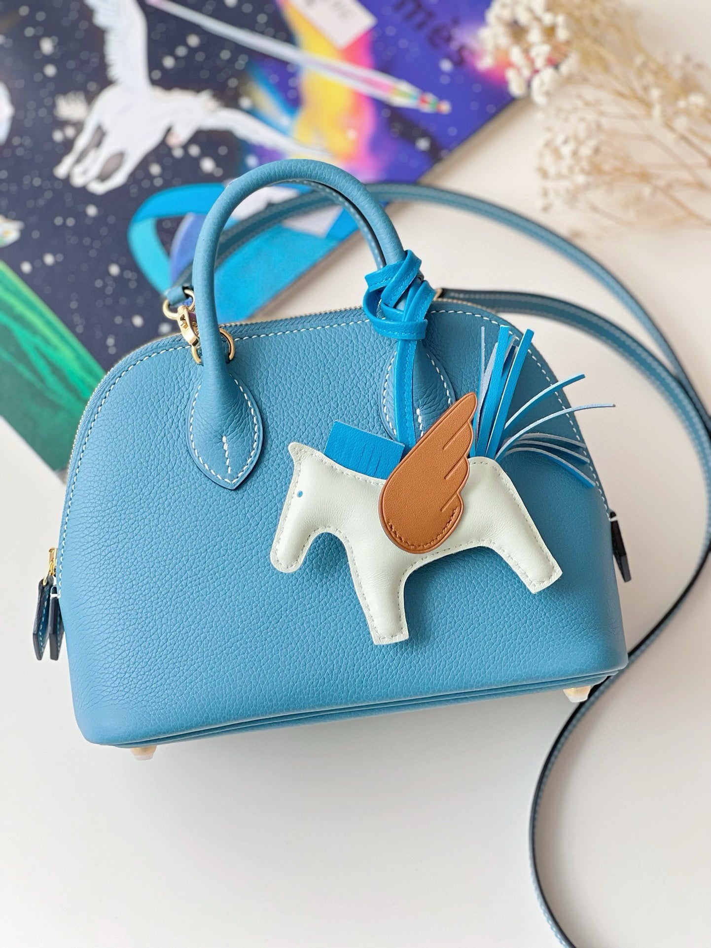 Elegant Blue Dome Handbags with Horse Charm and Silk Scarf - Set of 2 Top Handle Crossbody Bags