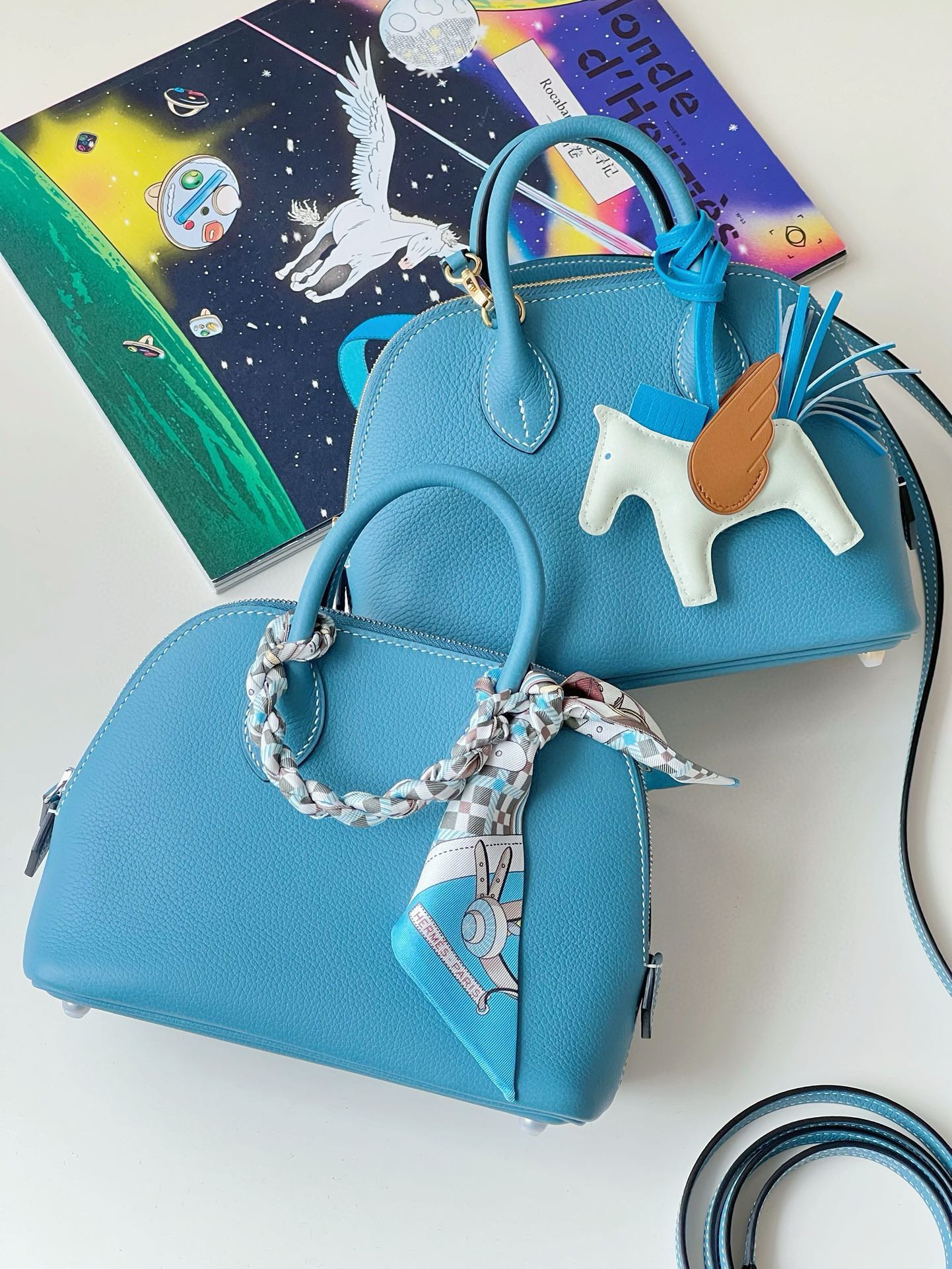 Elegant Blue Dome Handbags with Horse Charm and Silk Scarf - Set of 2 Top Handle Crossbody Bags