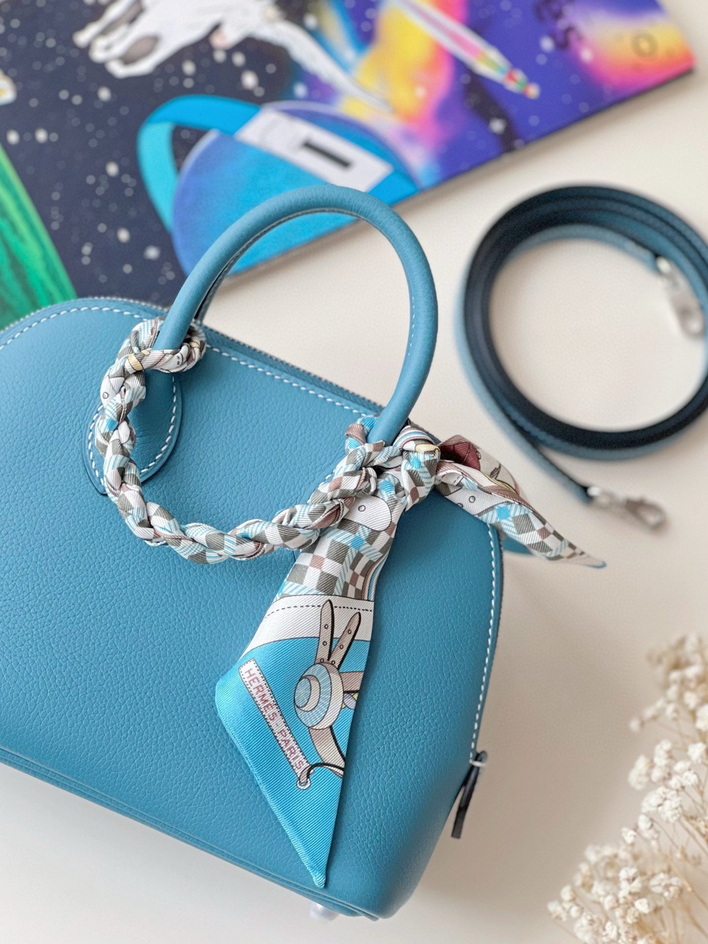 Elegant Blue Dome Handbags with Horse Charm and Silk Scarf - Set of 2 Top Handle Crossbody Bags