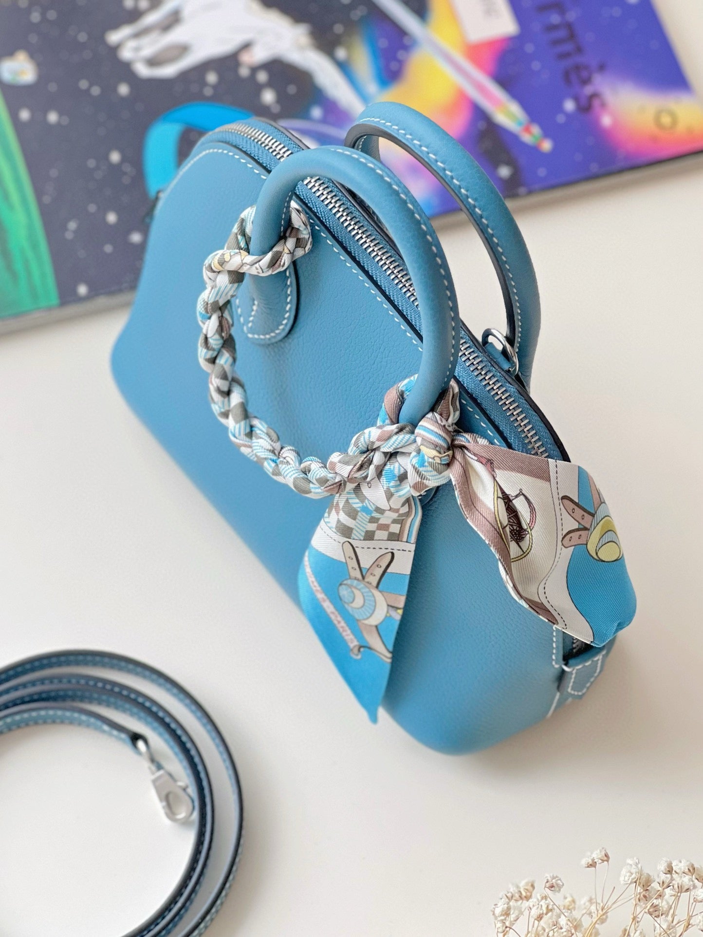 Elegant Blue Dome Handbags with Horse Charm and Silk Scarf - Set of 2 Top Handle Crossbody Bags