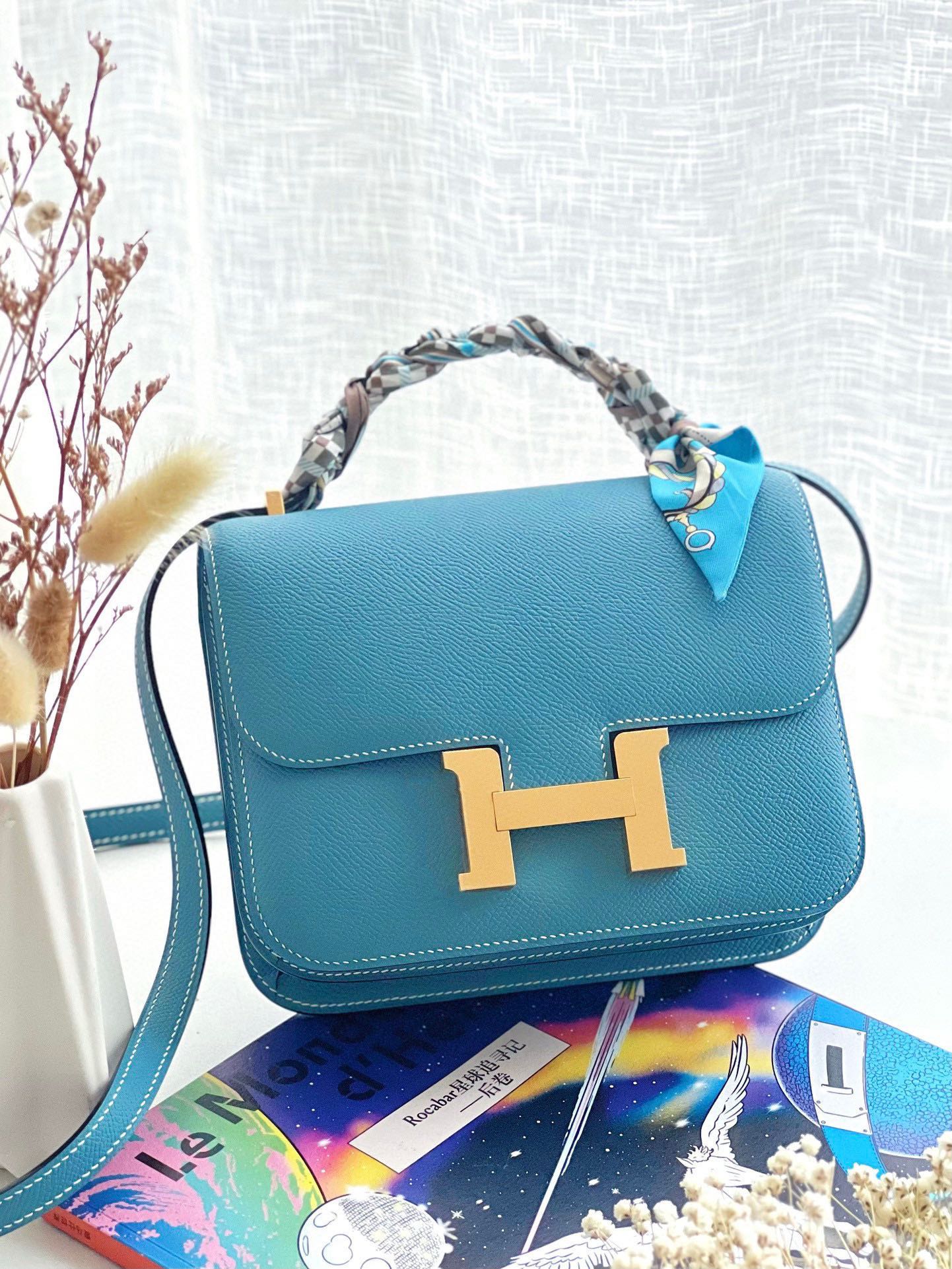 Elegant Blue Leather Mini Crossbody Bag with H-Hardware and Pegasus Charm