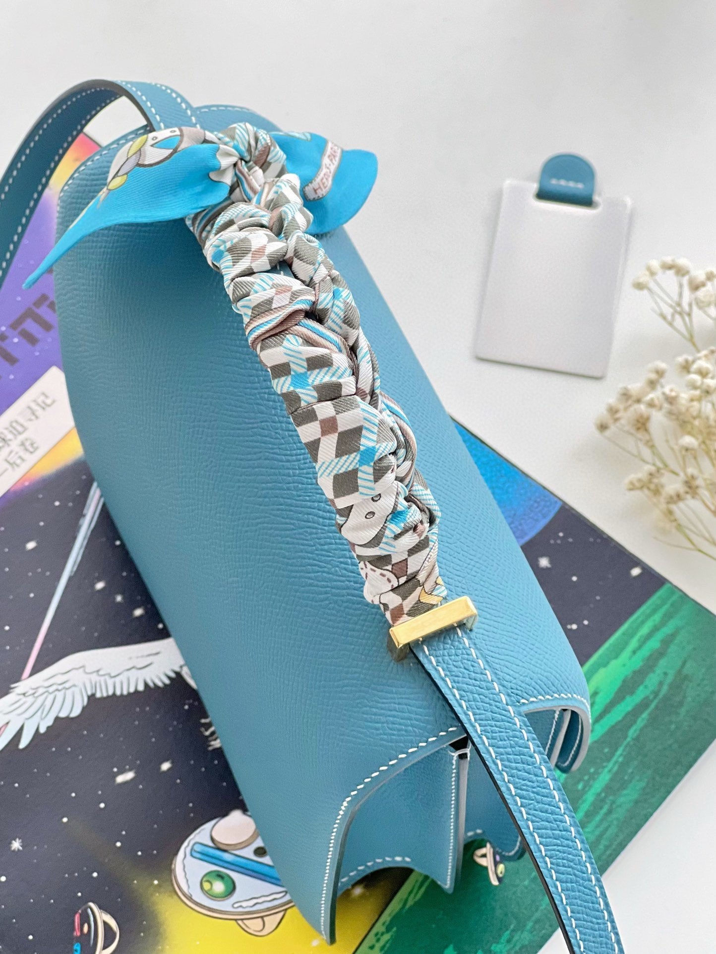 Elegant Blue Leather Mini Crossbody Bag with H-Hardware and Pegasus Charm