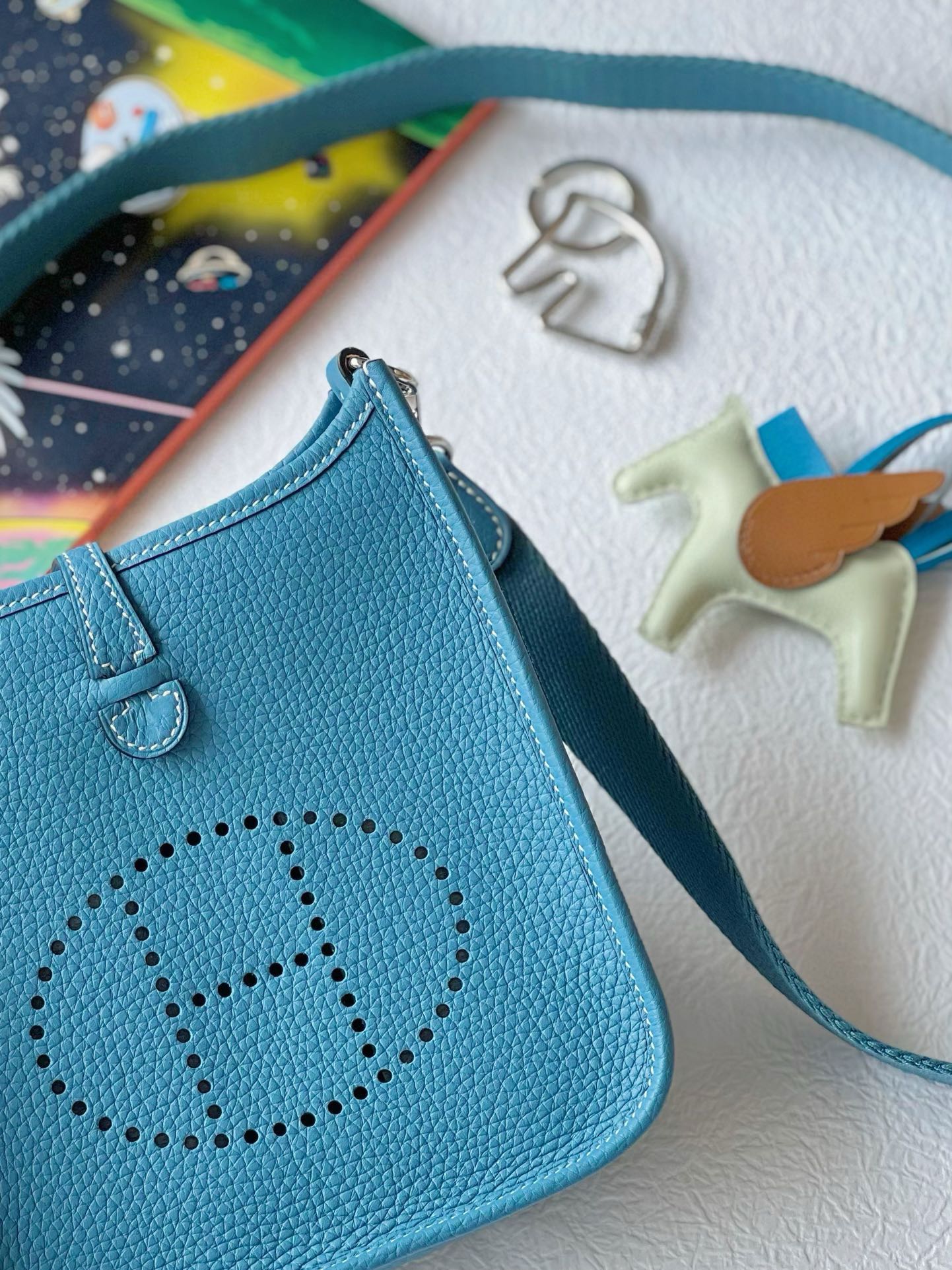Turquoise Blue Perforated Leather Crossbody Bag with Pegasus Charm &amp; Chain Handle