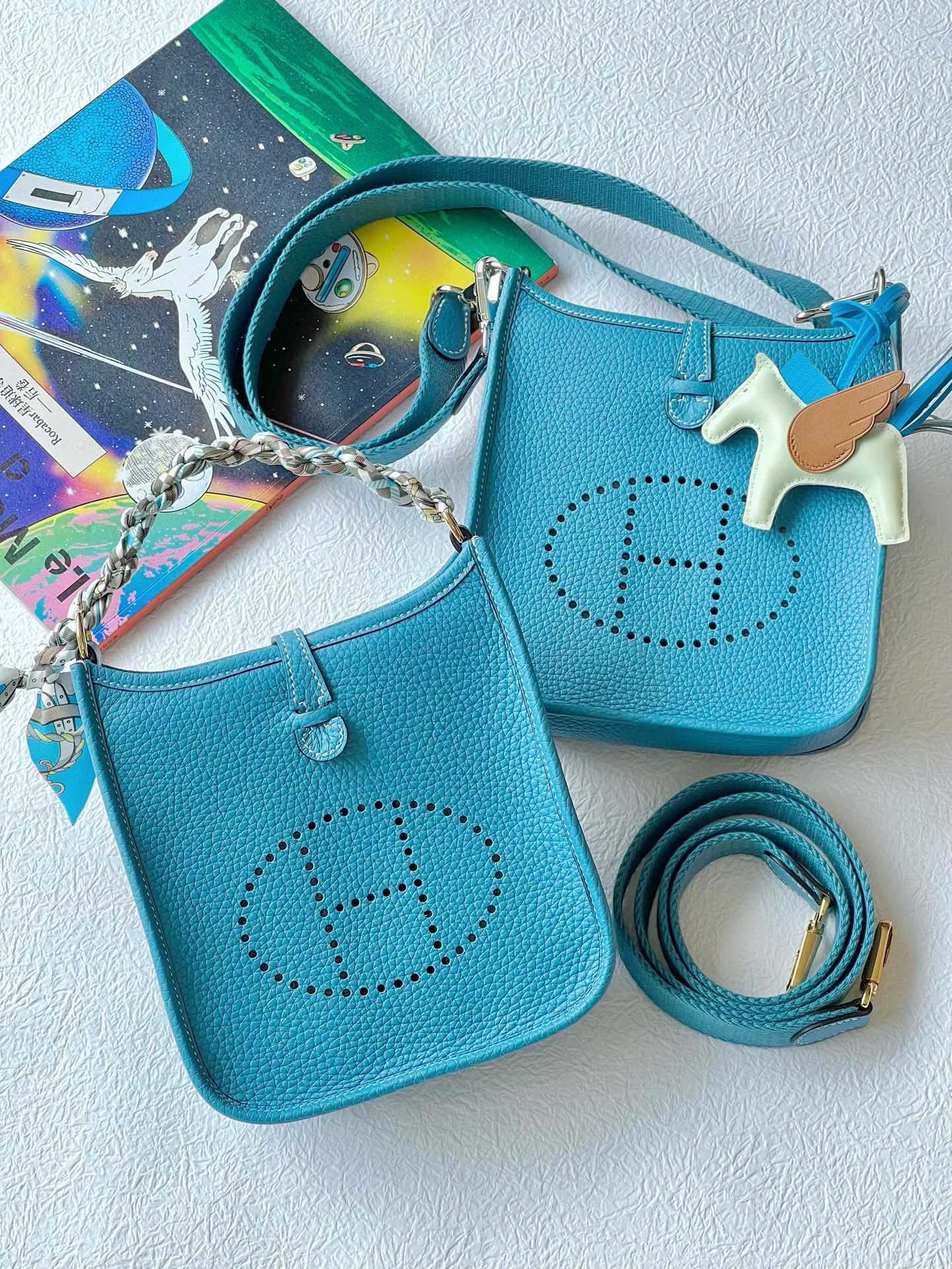 Turquoise Blue Perforated Leather Crossbody Bag with Pegasus Charm &amp; Chain Handle