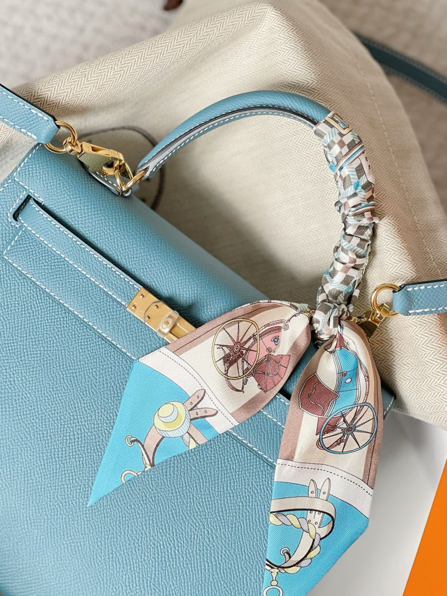 Hermès Kelly Style Light Blue Leather Handbag with Gold Hardware and Twilly Scarf