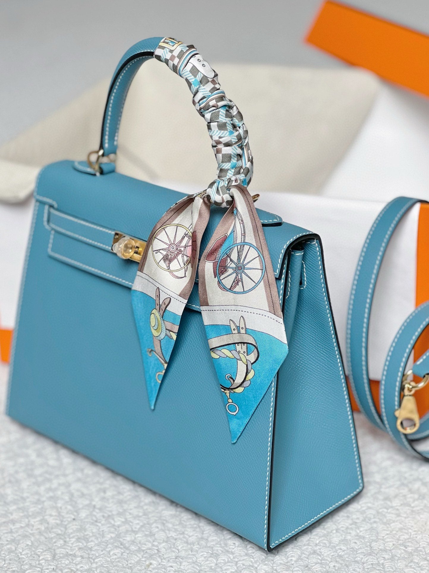 Hermès Kelly Style Light Blue Leather Handbag with Gold Hardware and Twilly Scarf