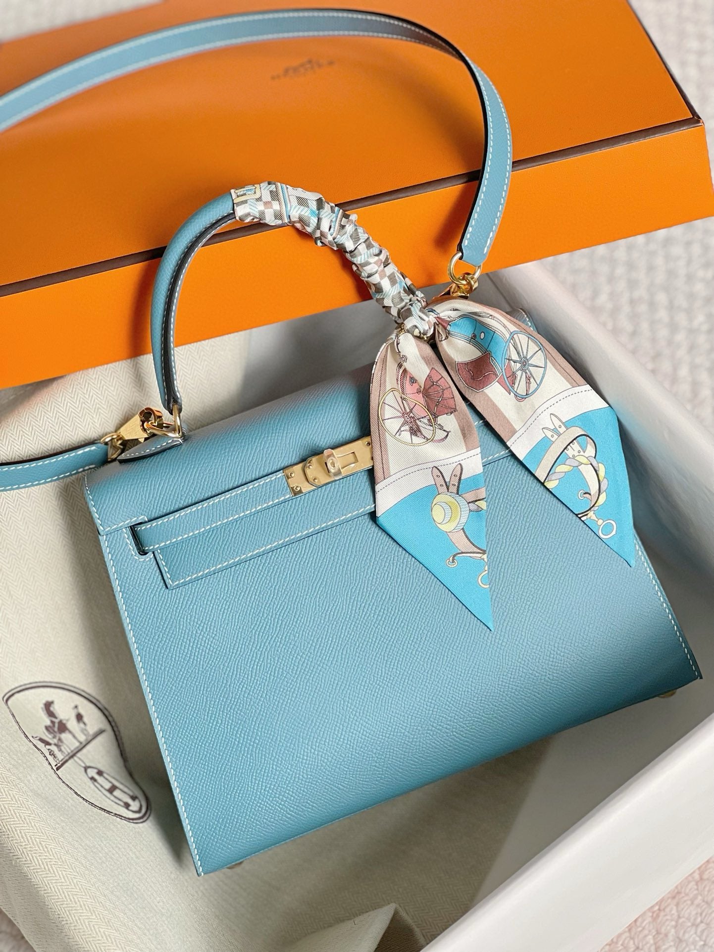 Hermès Kelly Style Light Blue Leather Handbag with Gold Hardware and Twilly Scarf