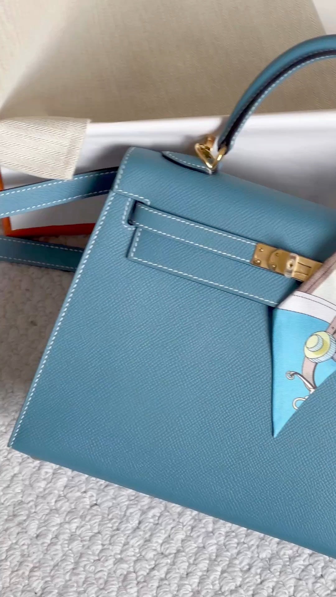 Elegant Blue Leather Top Handle Crossbody Bag with Gold Hardware &amp; Scarf