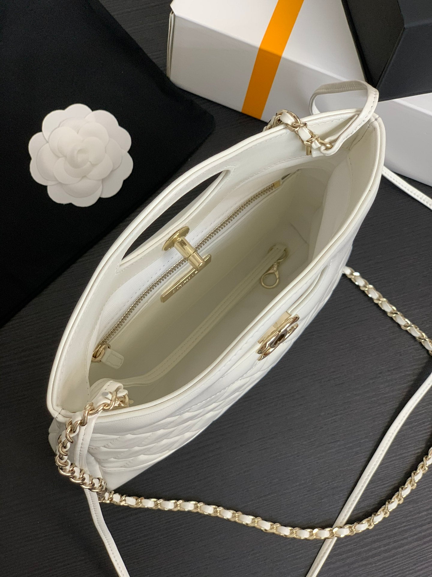 Chanel Small White Quilted Lambskin Shopping Bag with Cutout Handle