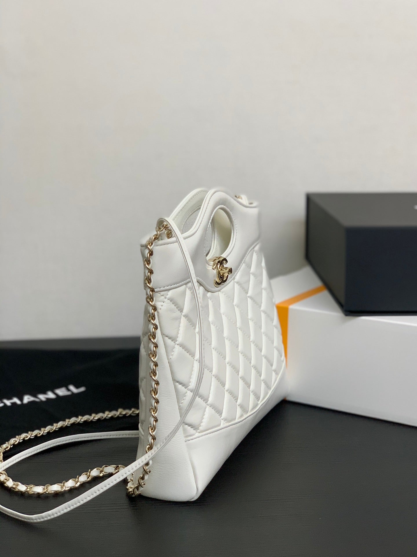 Chanel Small White Quilted Lambskin Shopping Bag with Cutout Handle
