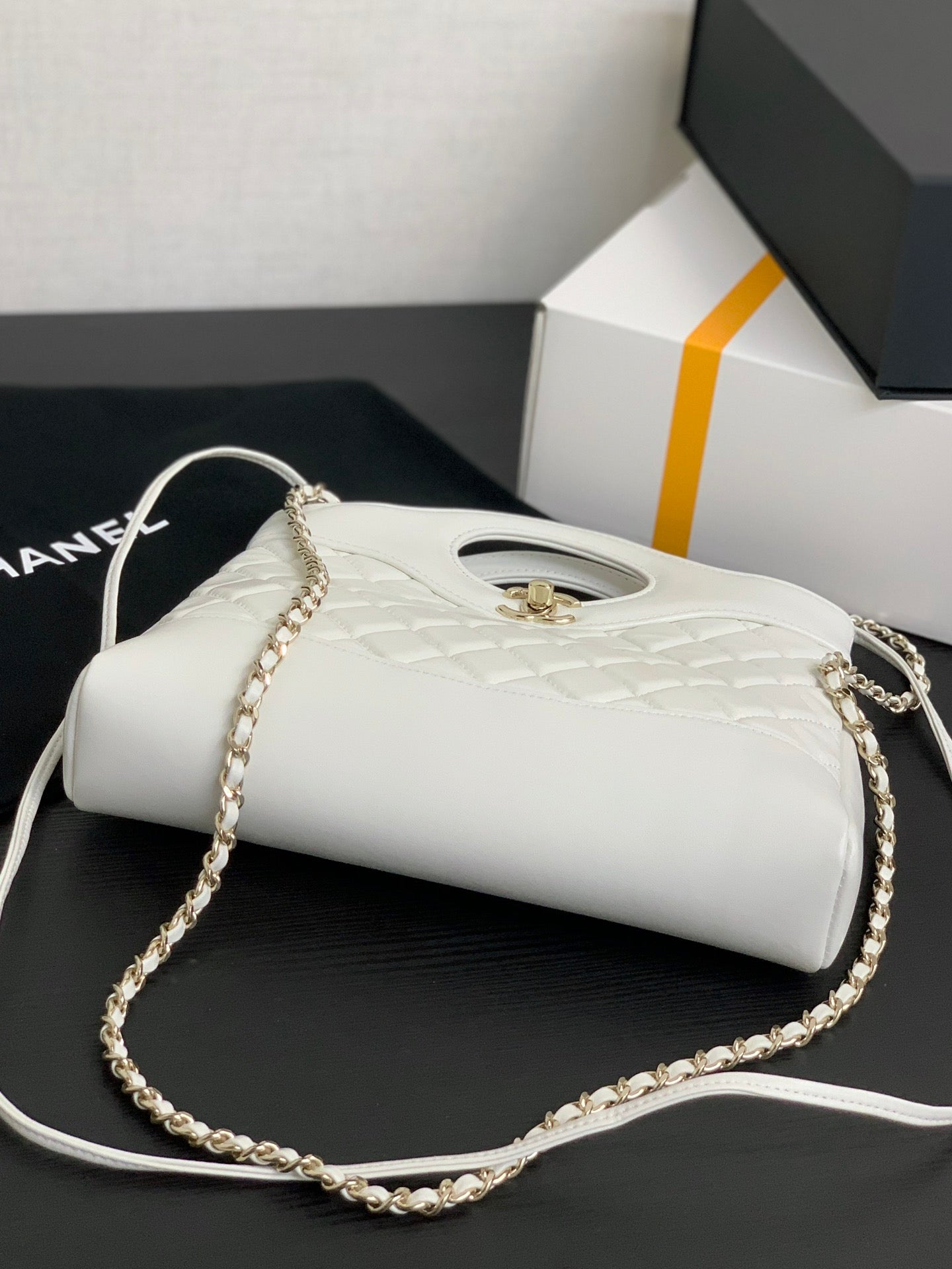 Chanel Small White Quilted Lambskin Shopping Bag with Cutout Handle