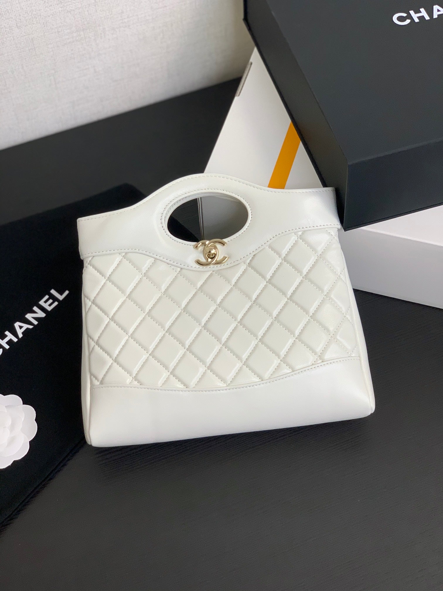 Chanel Small White Quilted Lambskin Shopping Bag with Cutout Handle