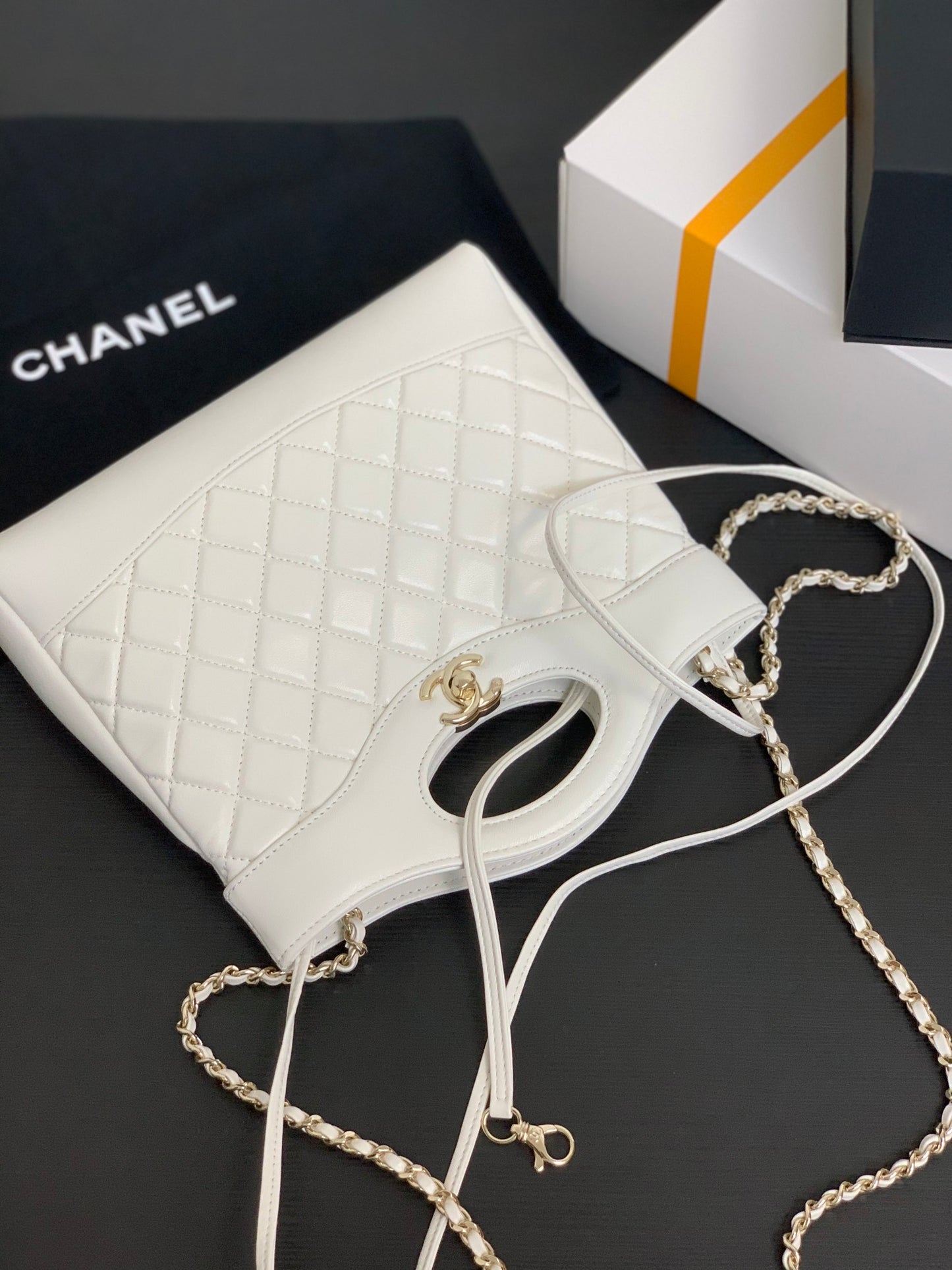 Chanel Small White Quilted Lambskin Shopping Bag with Cutout Handle