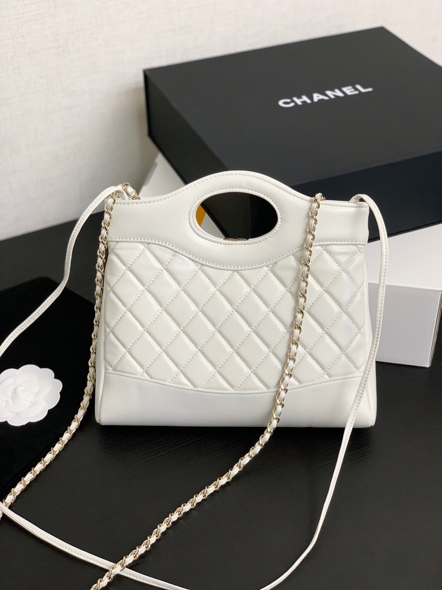 Chanel Small White Quilted Lambskin Shopping Bag with Cutout Handle