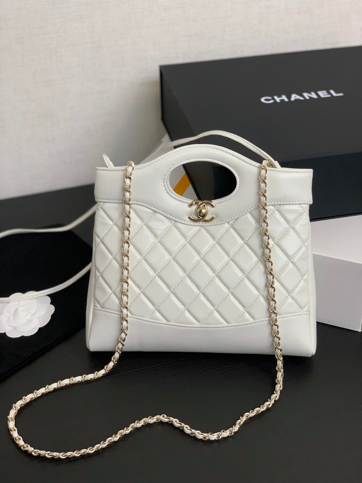 Chanel Small White Quilted Lambskin Shopping Bag with Cutout Handle