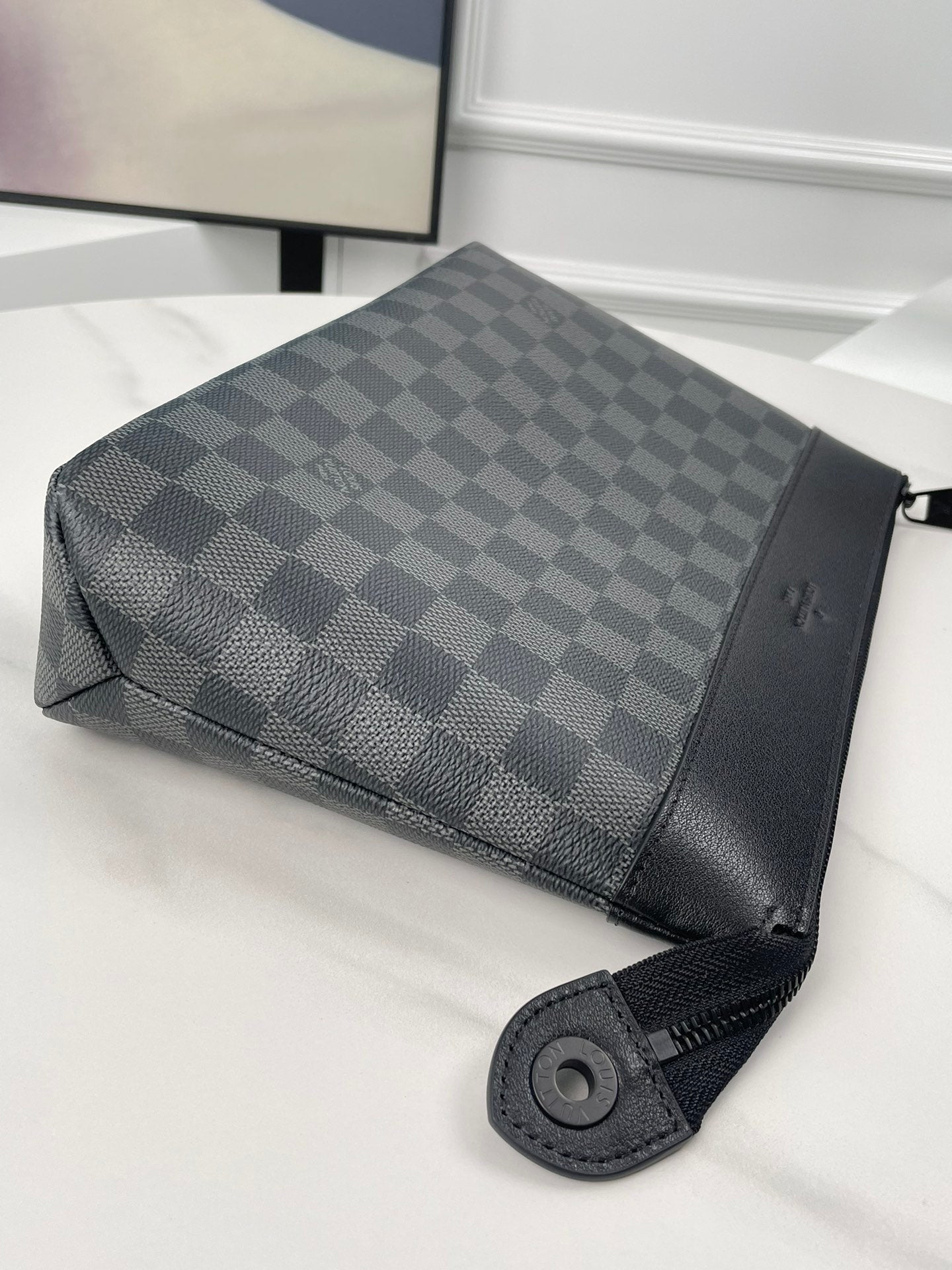 Men's Luxury Checkered Canvas Pouch - Black and Grey Pattern Clutch Bag
