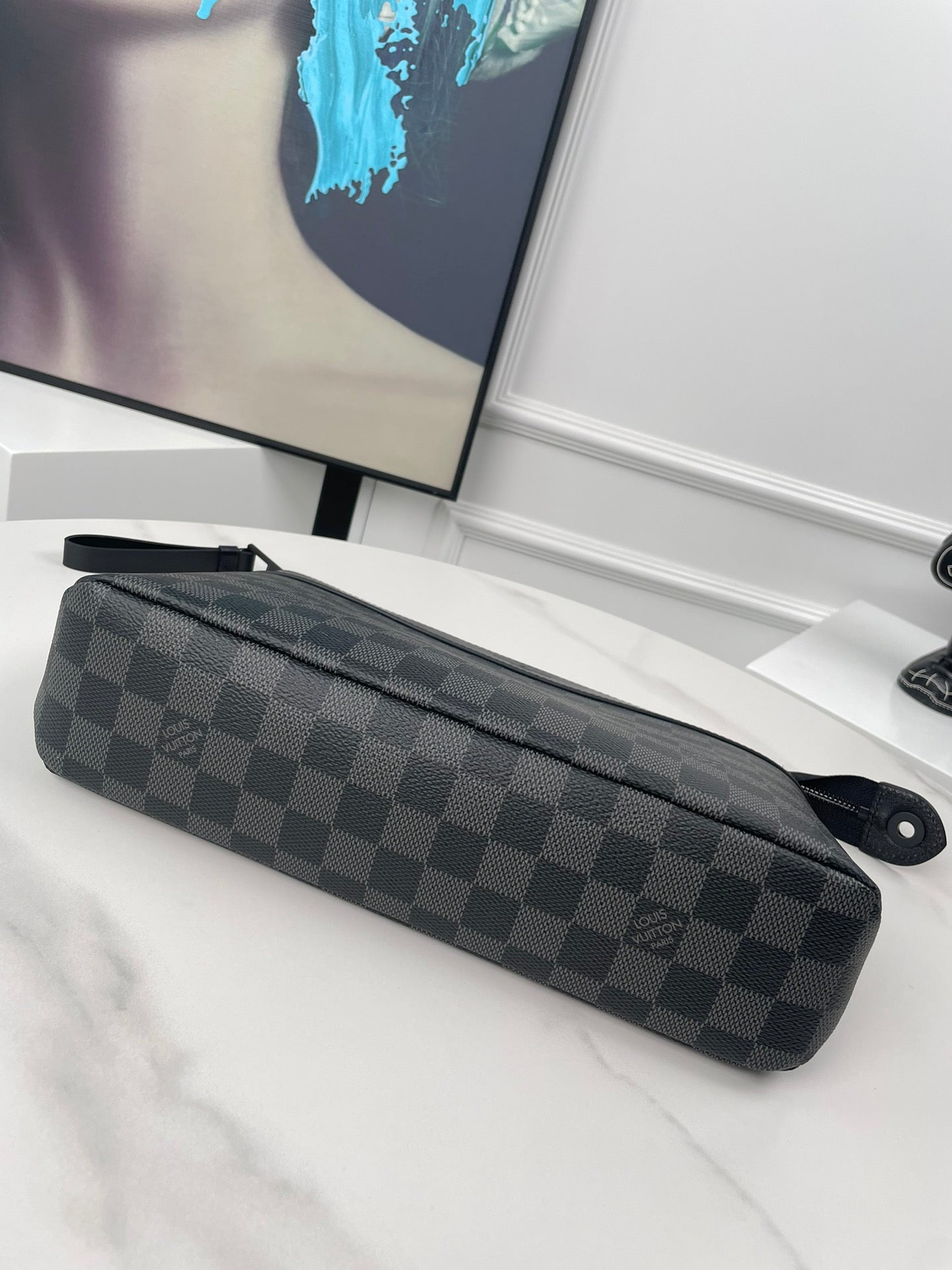 Men's Luxury Checkered Canvas Pouch - Black and Grey Pattern Clutch Bag
