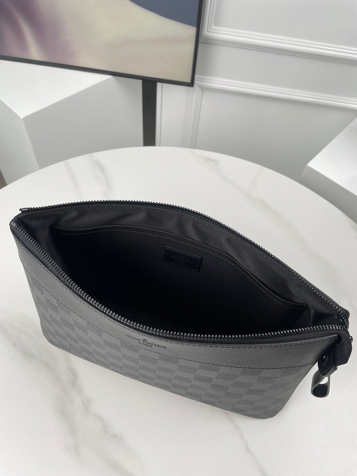 Men's Luxury Checkered Canvas Pouch - Black and Grey Pattern Clutch Bag