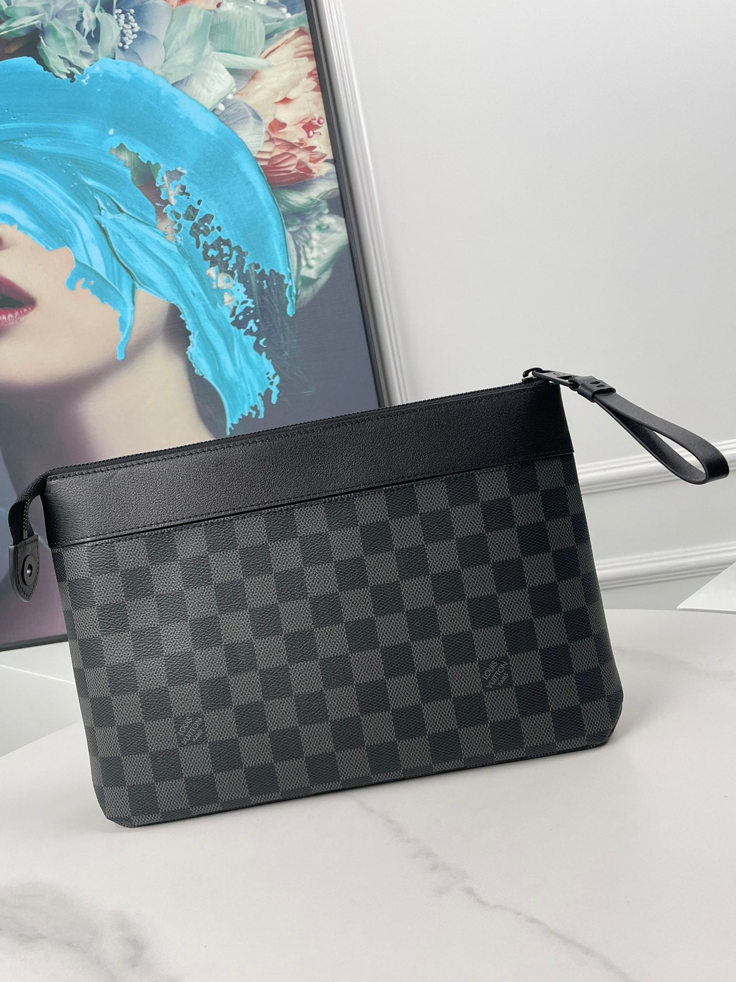 Men's Luxury Checkered Canvas Pouch - Black and Grey Pattern Clutch Bag