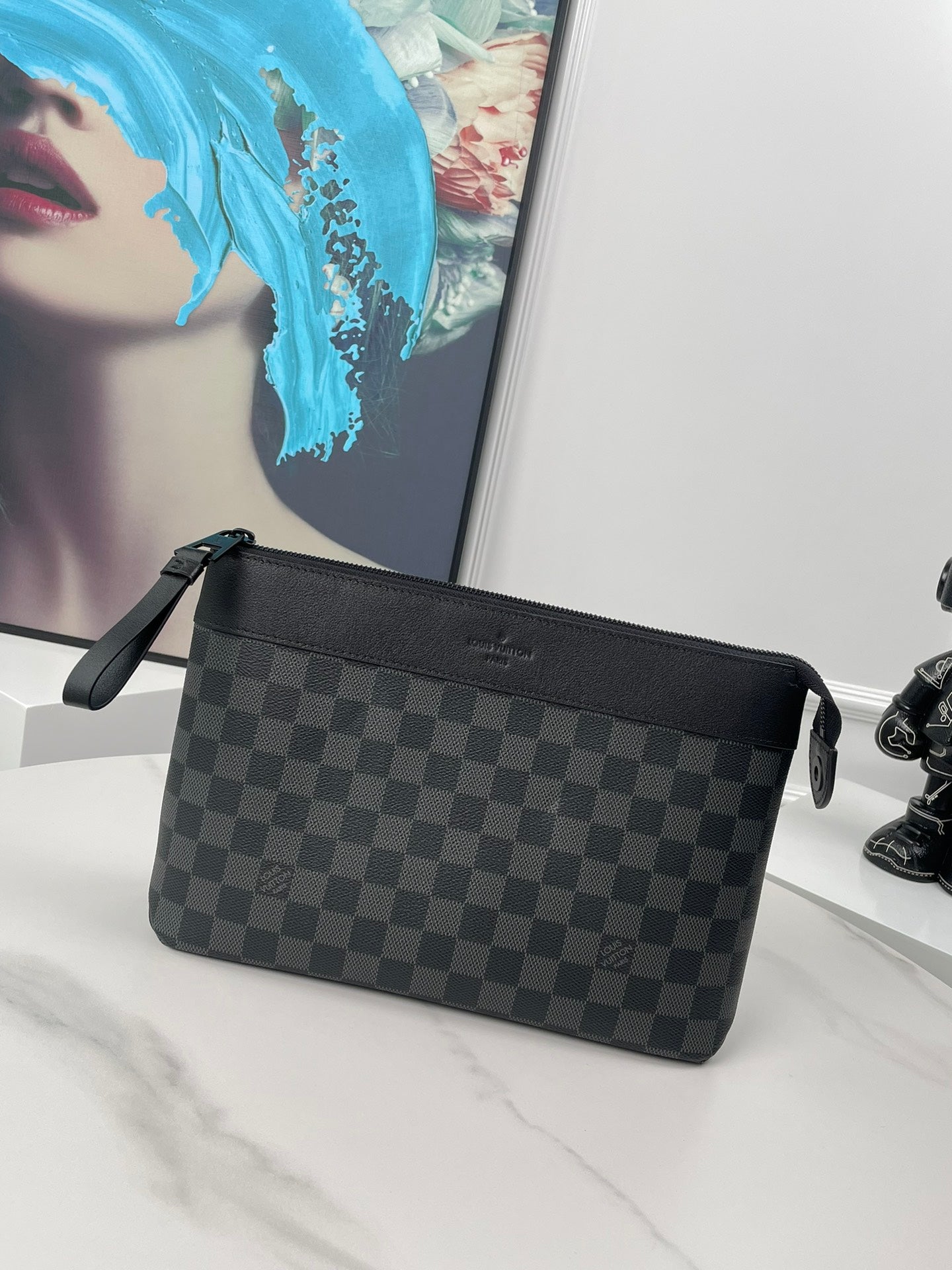Men's Luxury Checkered Canvas Pouch - Black and Grey Pattern Clutch Bag