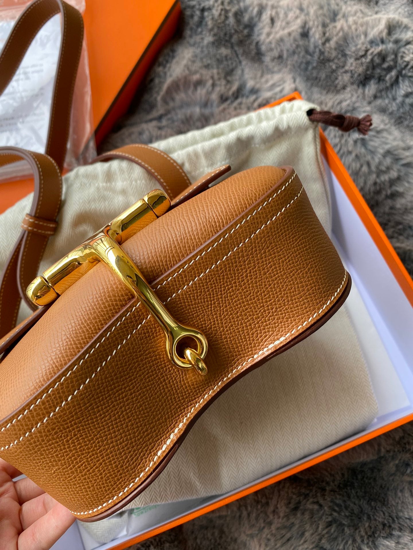 Luxury Tan Grained Leather Shoulder Bag with Statement Gold-Tone Buckle