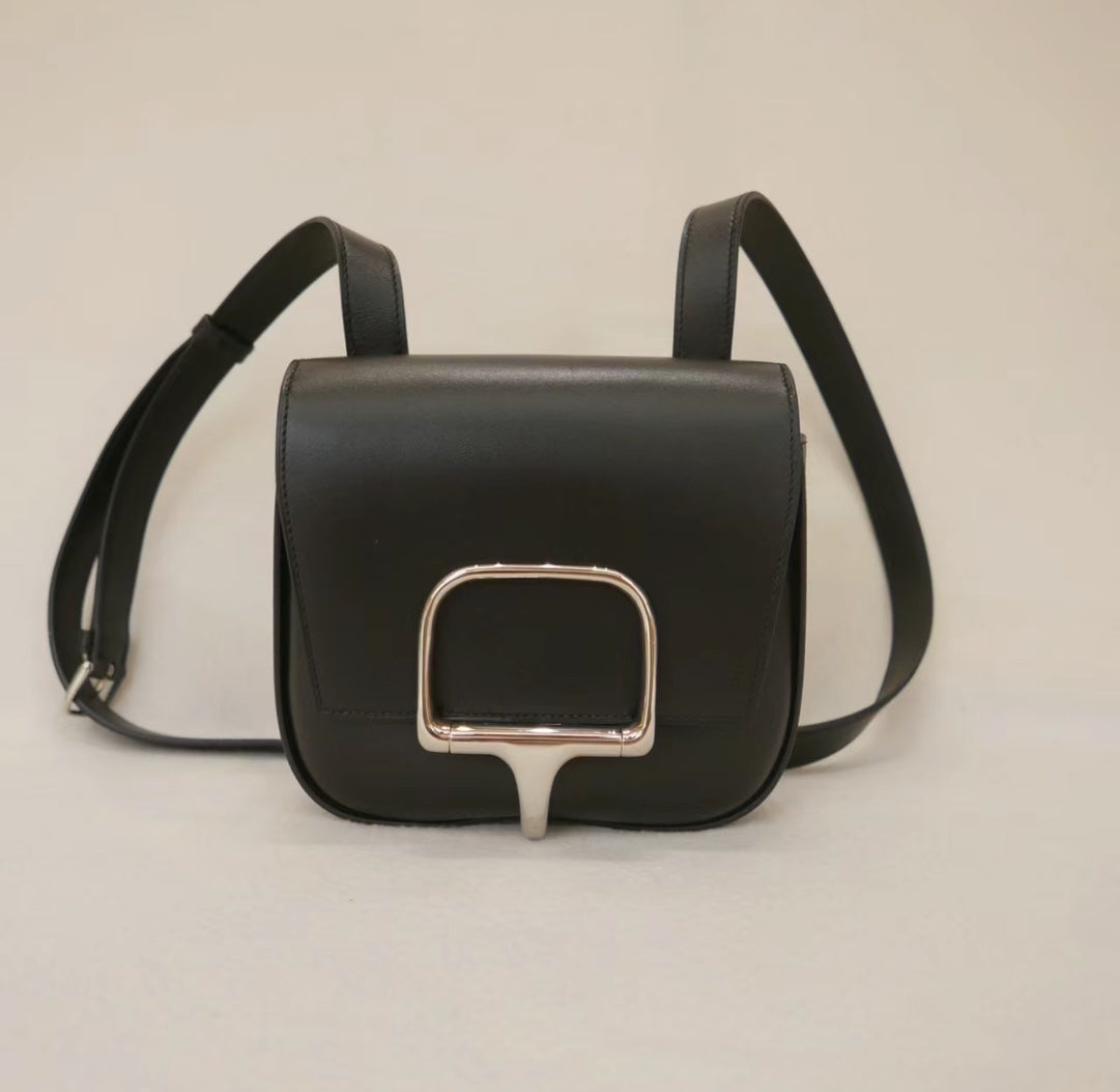 Black Leather Shoulder Bag with Silver Stirrup Hardware